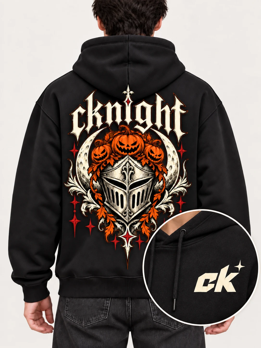 cknight Pumpkin Knight Graphic Black Cotton Pullover Hoodie, Long Sleeve Hooded Sweatshirt with Large Back Print