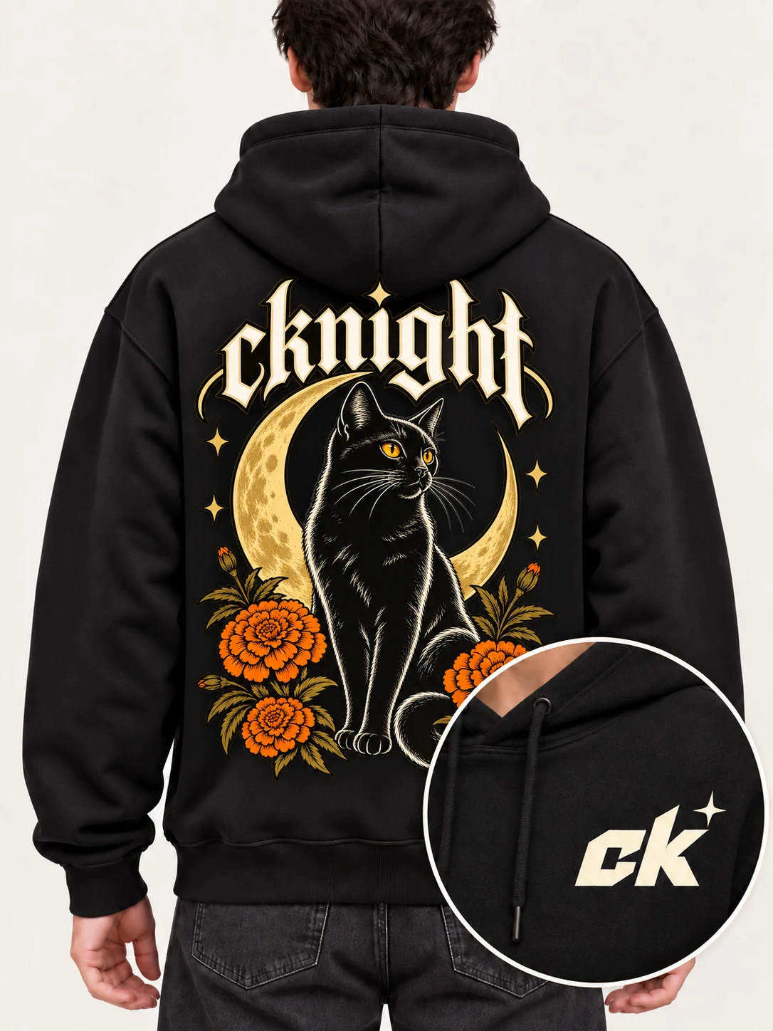 cknight Midnight Cat Graphic Black Cotton Pullover Hoodie, Long Sleeve Hooded Sweatshirt with Large Back Print