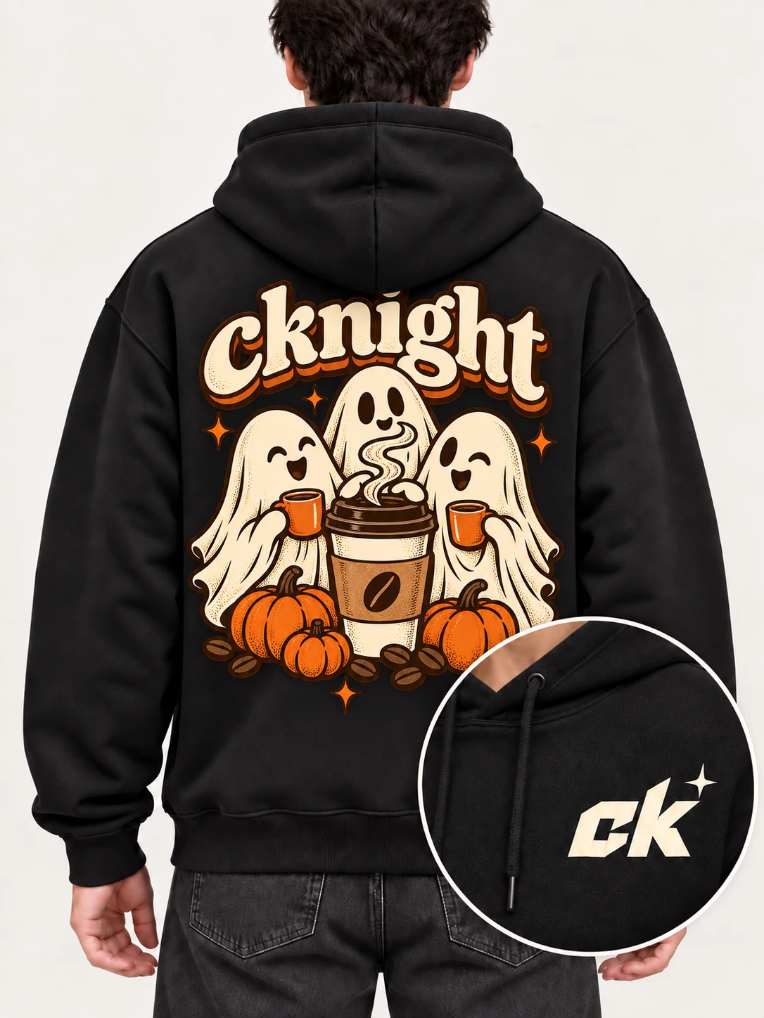 cknight Ghost Coffee Graphic Black Cotton Pullover Hoodie, Long Sleeve Hooded Sweatshirt with Large Back Print