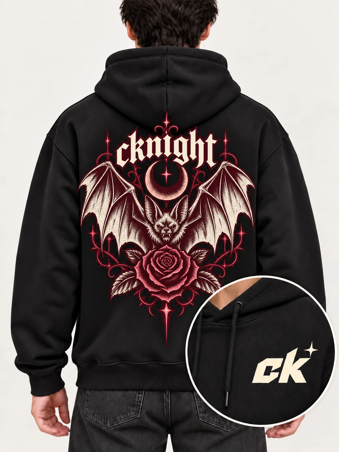 cknight Bat Rose Graphic Black Cotton Pullover Hoodie, Long Sleeve Hooded Sweatshirt with Large Back Print