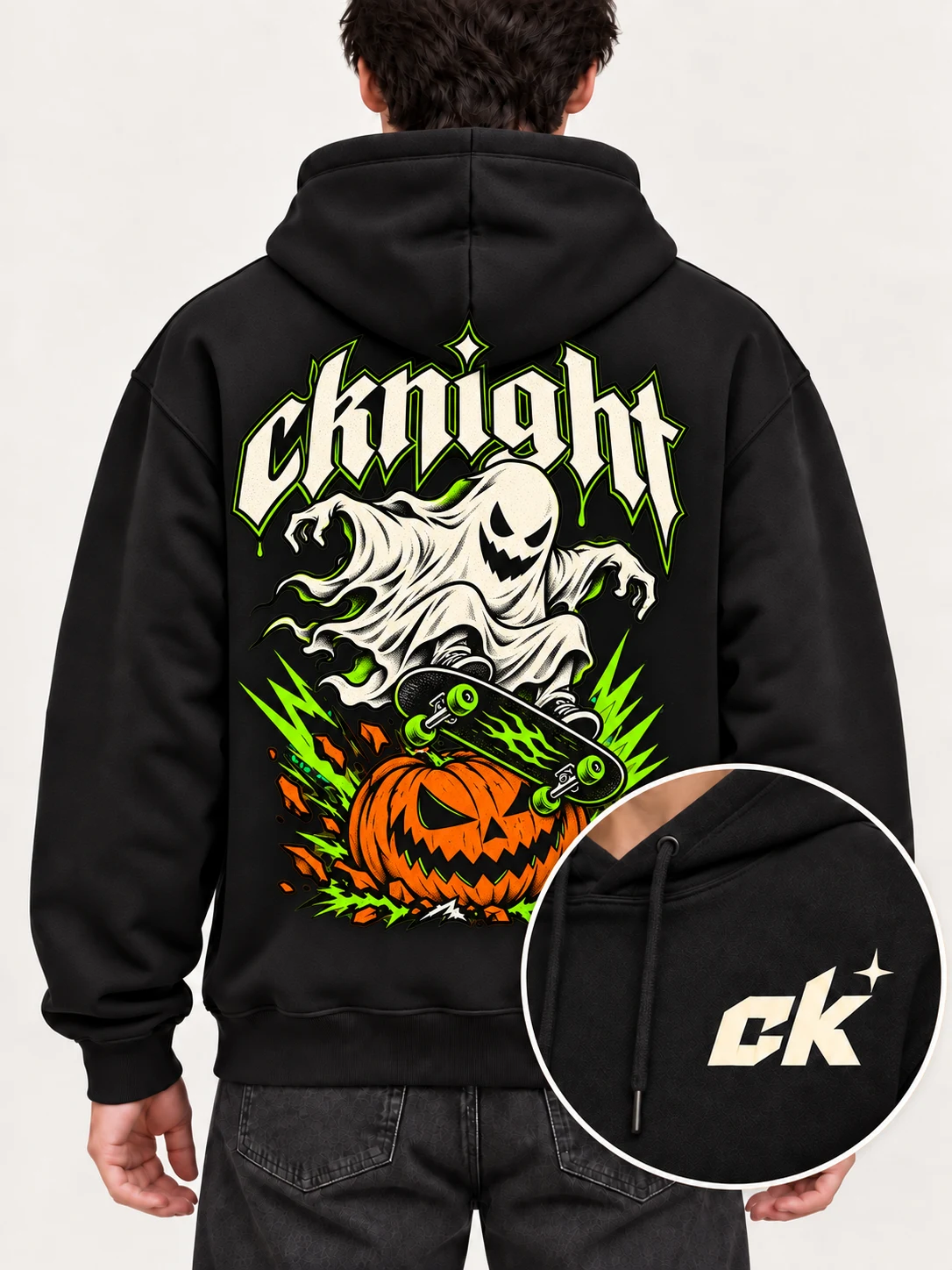 cknight Ghost Skateboard Graphic Black Cotton Pullover Hoodie, Long Sleeve Hooded Sweatshirt with Large Back Print