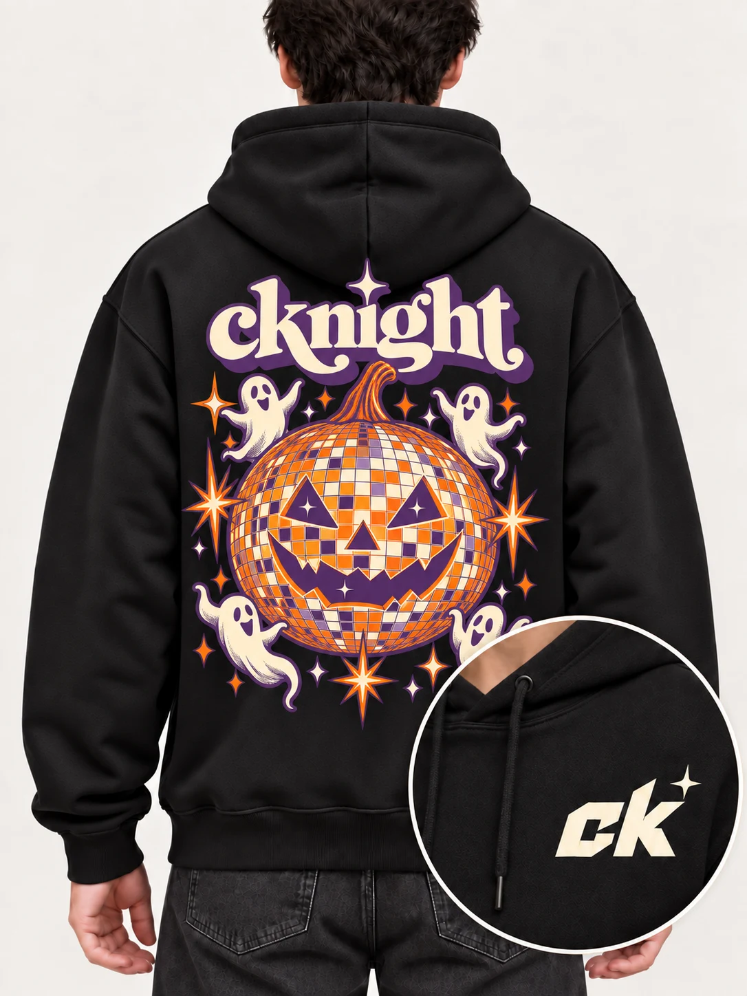 cknight Pumpkin Disco Graphic Black Cotton Pullover Hoodie, Long Sleeve Hooded Sweatshirt with Large Back Print