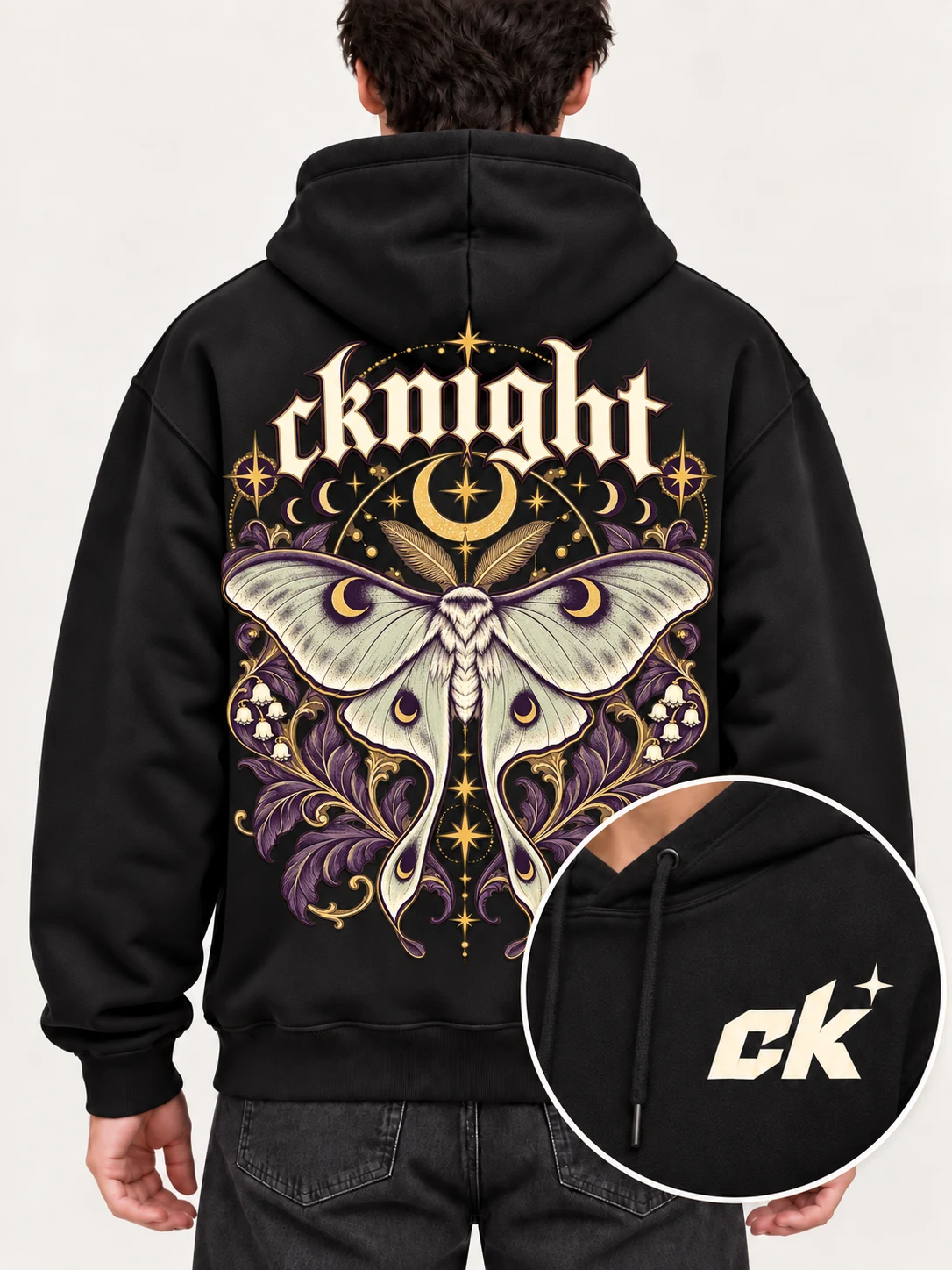 cknight Moon Moth Graphic Black Cotton Pullover Hoodie, Long Sleeve Hooded Sweatshirt with Large Back Print