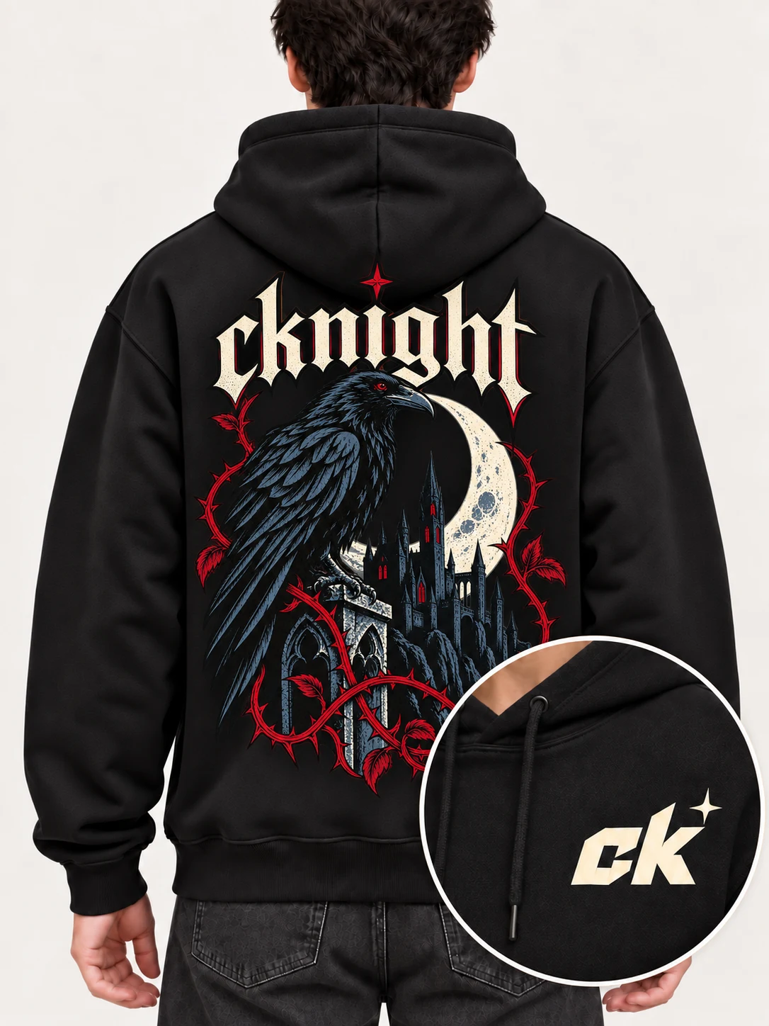 cknight Raven Castle Graphic Black Cotton Pullover Hoodie, Long Sleeve Hooded Sweatshirt with Large Back Print