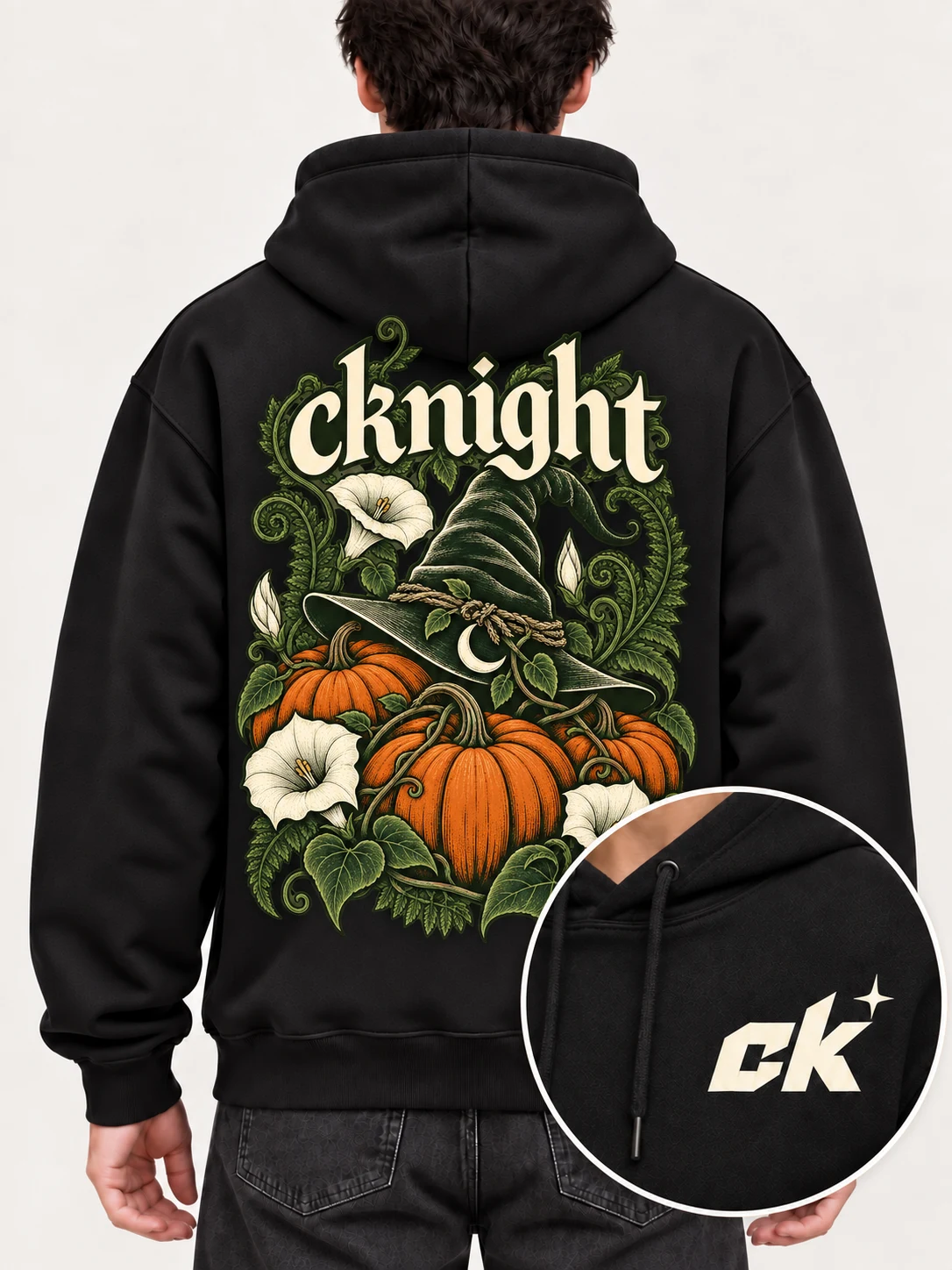cknight Witch Garden Graphic Black Cotton Pullover Hoodie, Long Sleeve Hooded Sweatshirt with Large Back Print