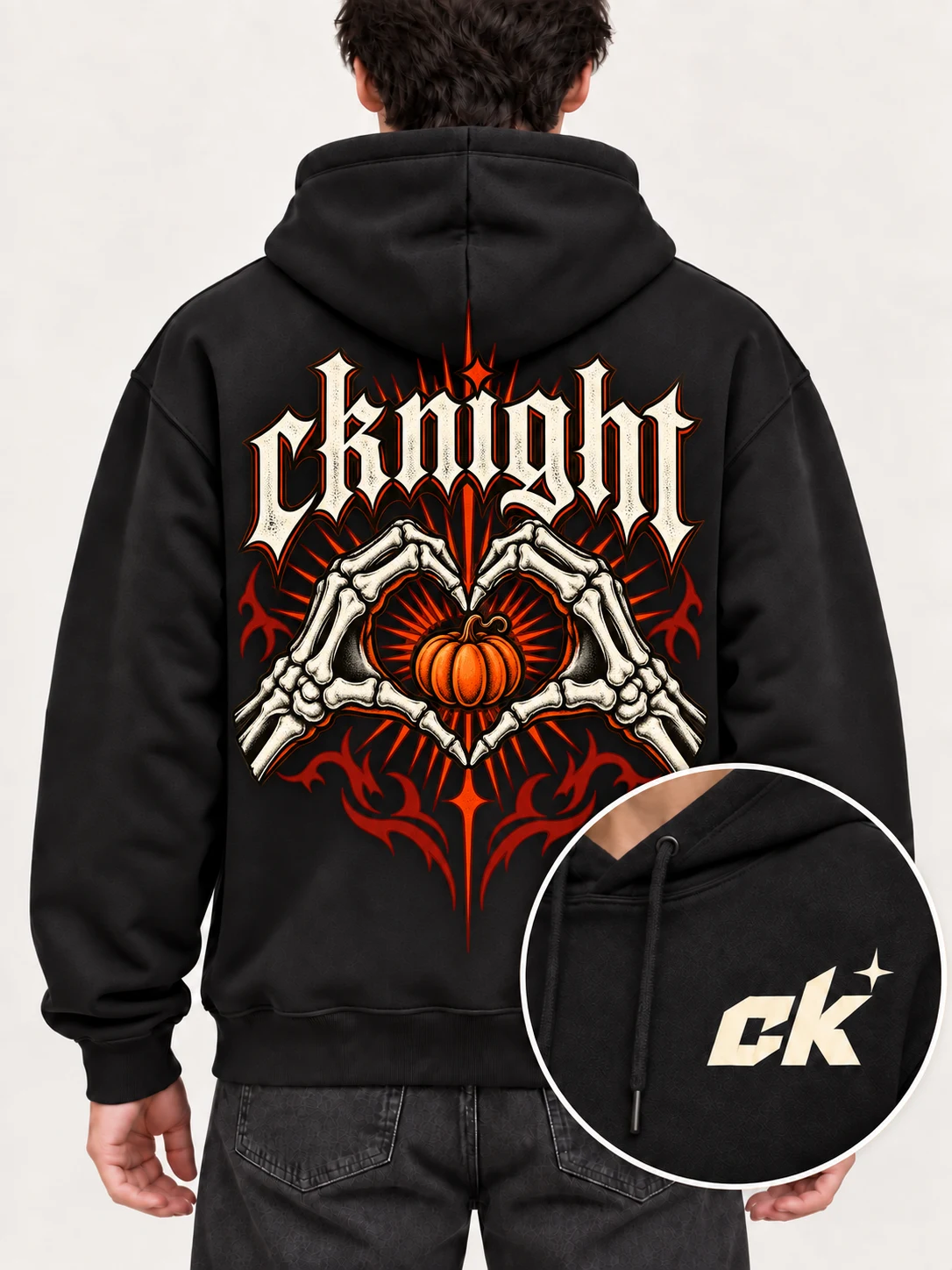 cknight Skeleton Heart Graphic Black Cotton Pullover Hoodie, Long Sleeve Hooded Sweatshirt with Large Back Print