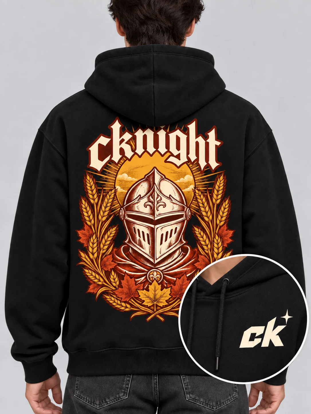 cknight Harvest Knight Graphic Black Cotton Pullover Hoodie, Long Sleeve Hooded Sweatshirt with Large Back Print