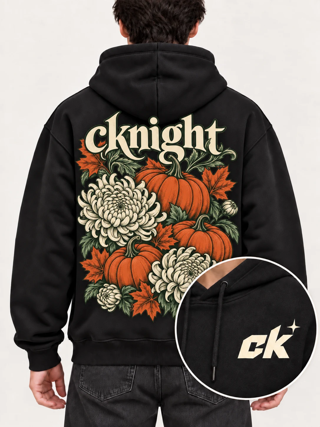 cknight Pumpkin Garden Graphic Black Cotton Pullover Hoodie, Long Sleeve Hooded Sweatshirt with Large Back Print