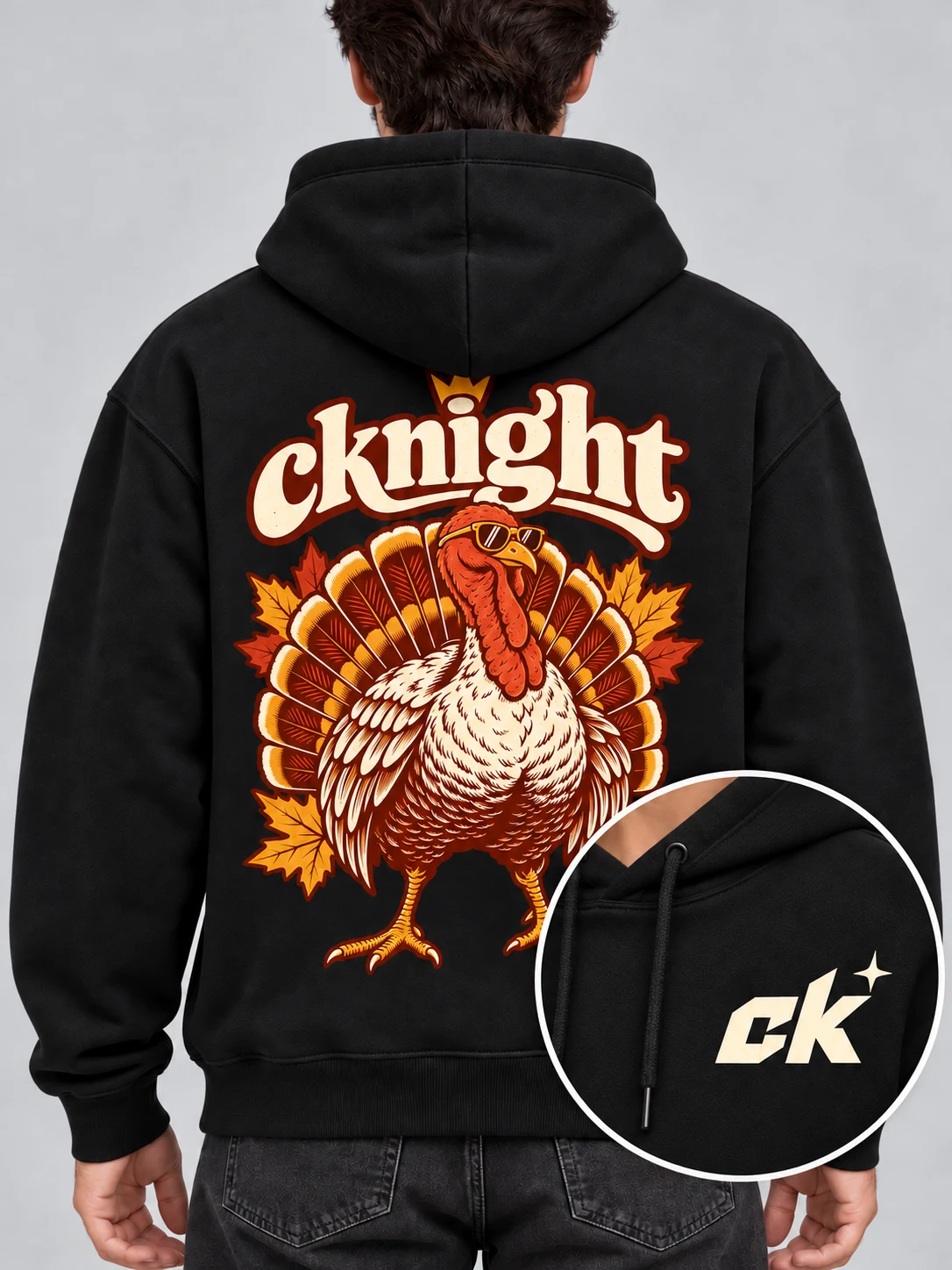 cknight Turkey Club Graphic Black Cotton Pullover Hoodie, Long Sleeve Hooded Sweatshirt with Large Back Print