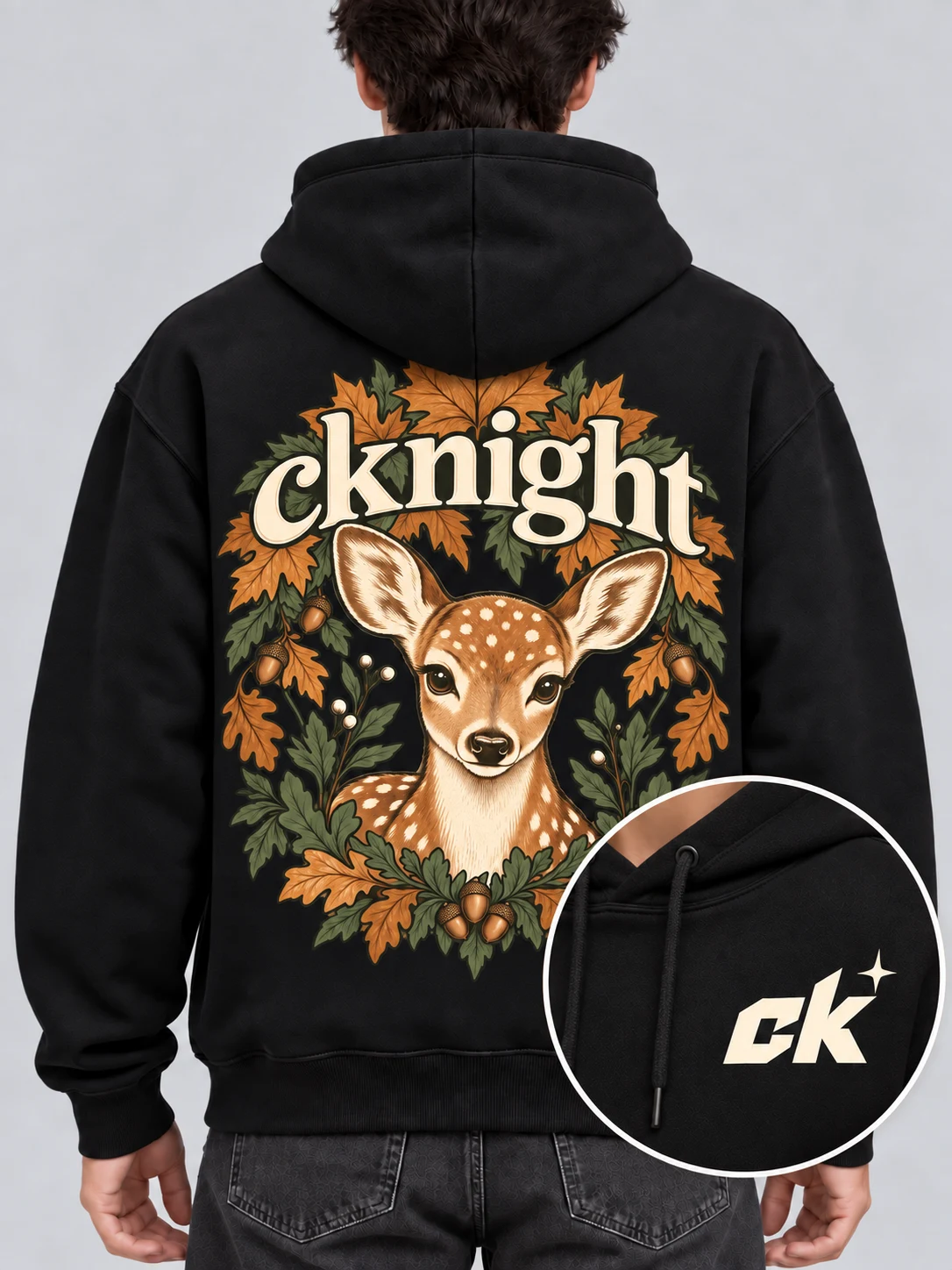 cknight Woodland Fawn Graphic Black Cotton Pullover Hoodie, Long Sleeve Hooded Sweatshirt with Large Back Print