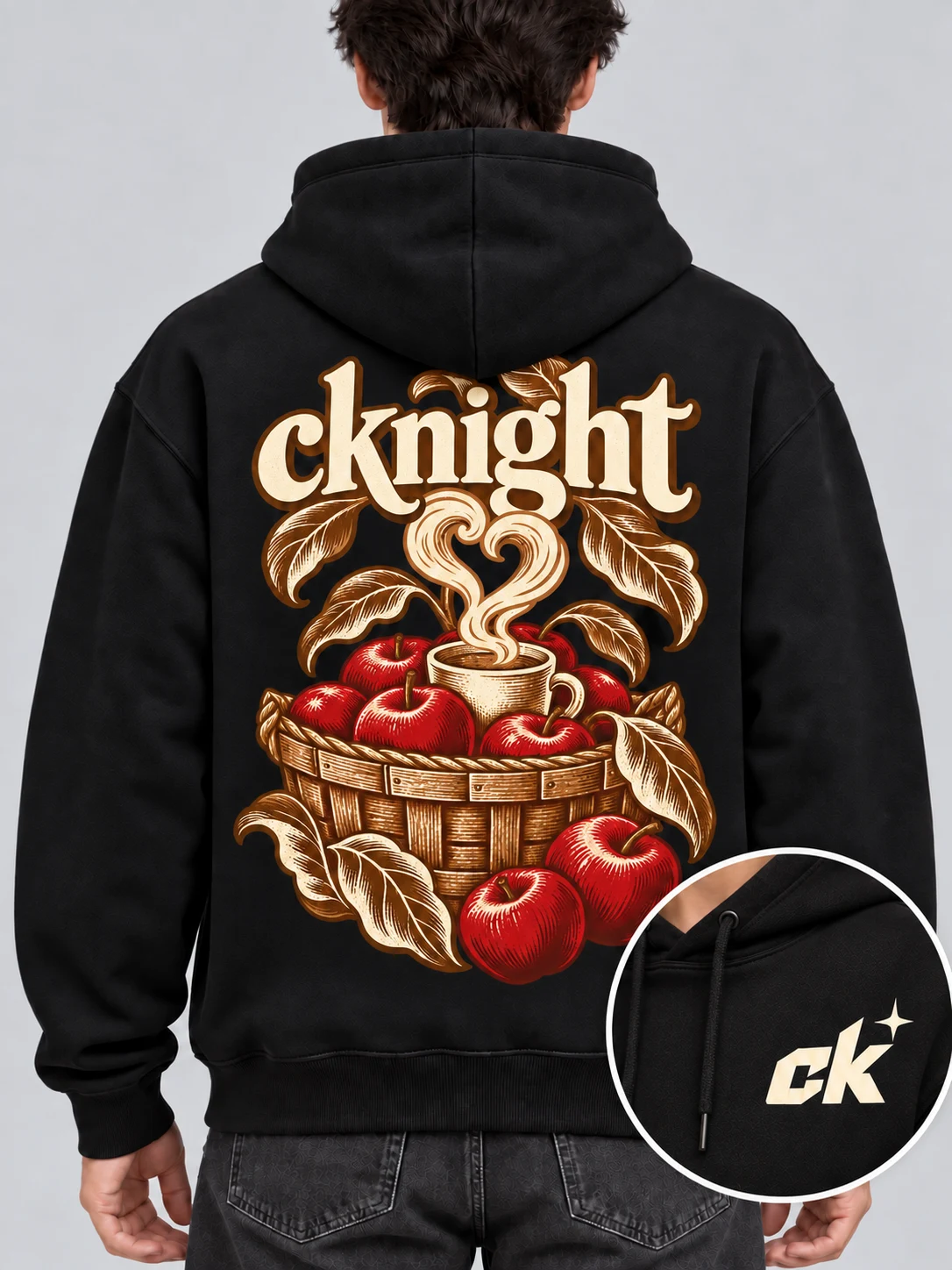 cknight Apple Harvest Graphic Black Cotton Pullover Hoodie, Long Sleeve Hooded Sweatshirt with Large Back Print