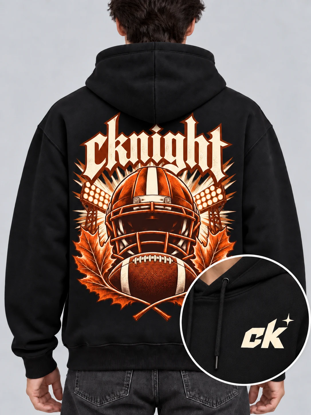 cknight Football Weekend Graphic Black Cotton Pullover Hoodie, Long Sleeve Hooded Sweatshirt with Large Back Print
