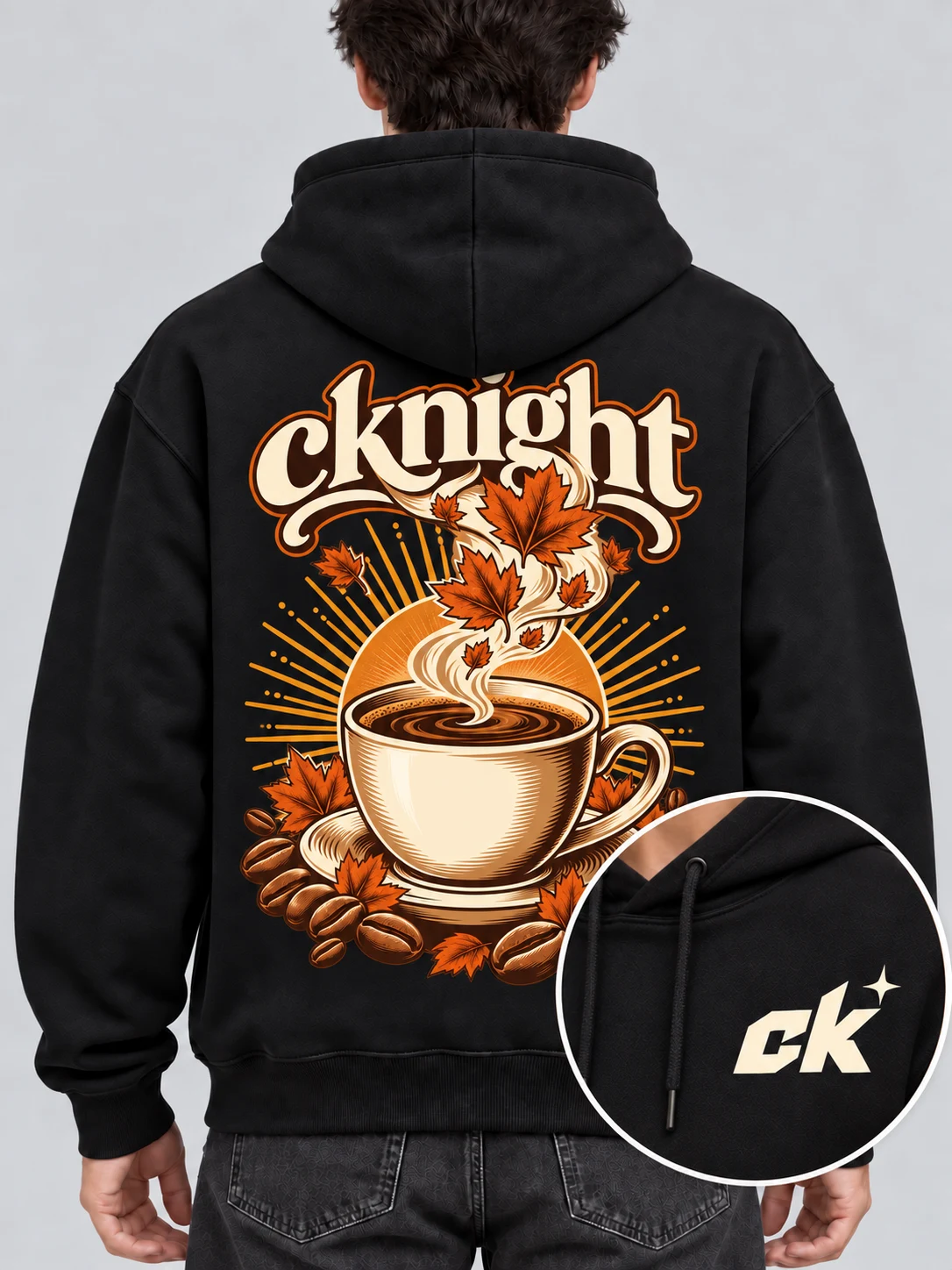 cknight Maple Coffee Graphic Black Cotton Pullover Hoodie, Long Sleeve Hooded Sweatshirt with Large Back Print
