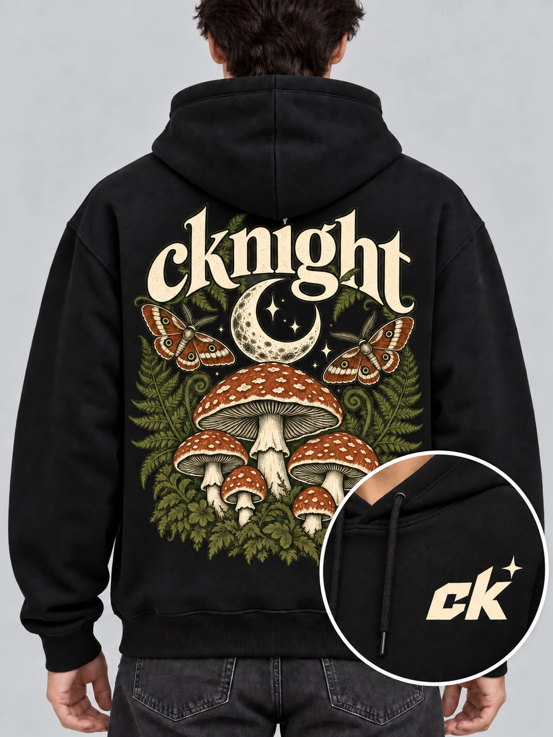 cknight Forest Mushroom Graphic Black Cotton Pullover Hoodie, Long Sleeve Hooded Sweatshirt with Large Back Print