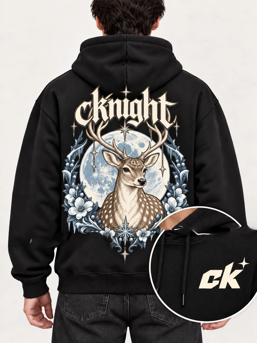 cknight Fawn Moon Graphic Black Cotton Pullover Hoodie, Long Sleeve Hooded Sweatshirt with Large Back Print
