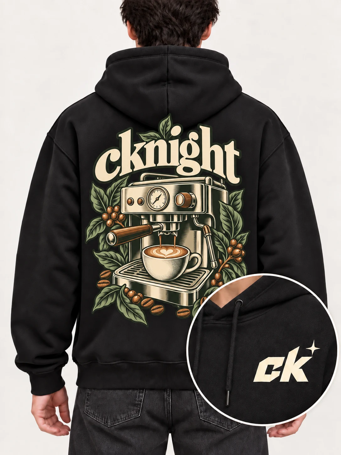 cknight Home Cafe Graphic Black Cotton Pullover Hoodie, Long Sleeve Hooded Sweatshirt with Large Back Print