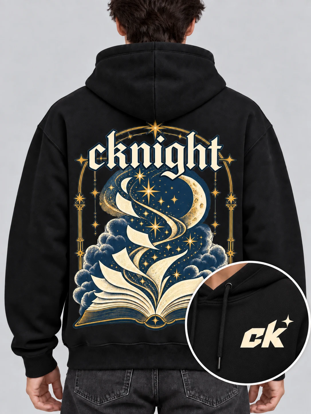 cknight Reading Moon Graphic Black Cotton Pullover Hoodie, Long Sleeve Hooded Sweatshirt with Large Back Print