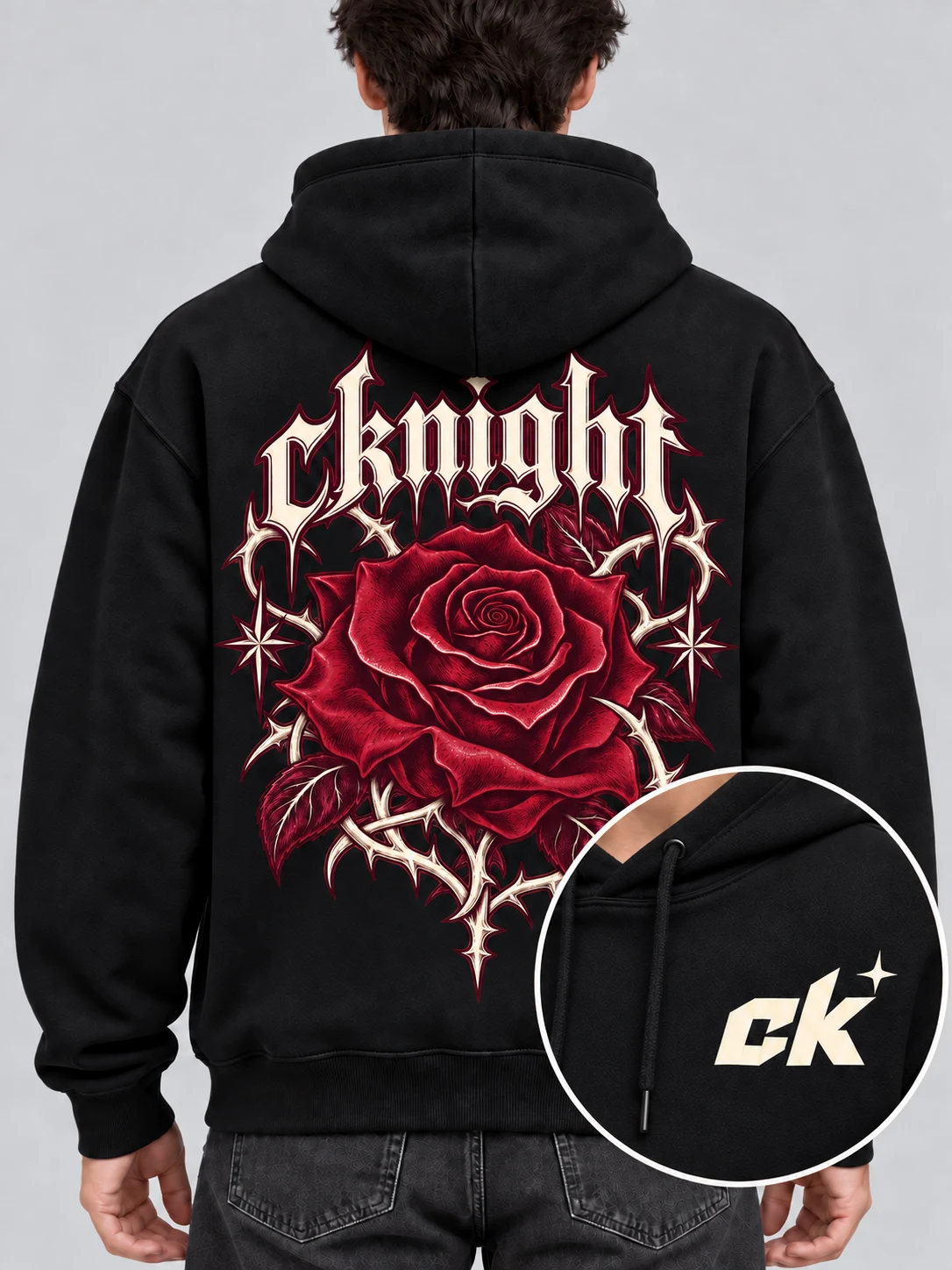 cknight Dark Rose Graphic Black Cotton Pullover Hoodie, Long Sleeve Hooded Sweatshirt with Large Back Print