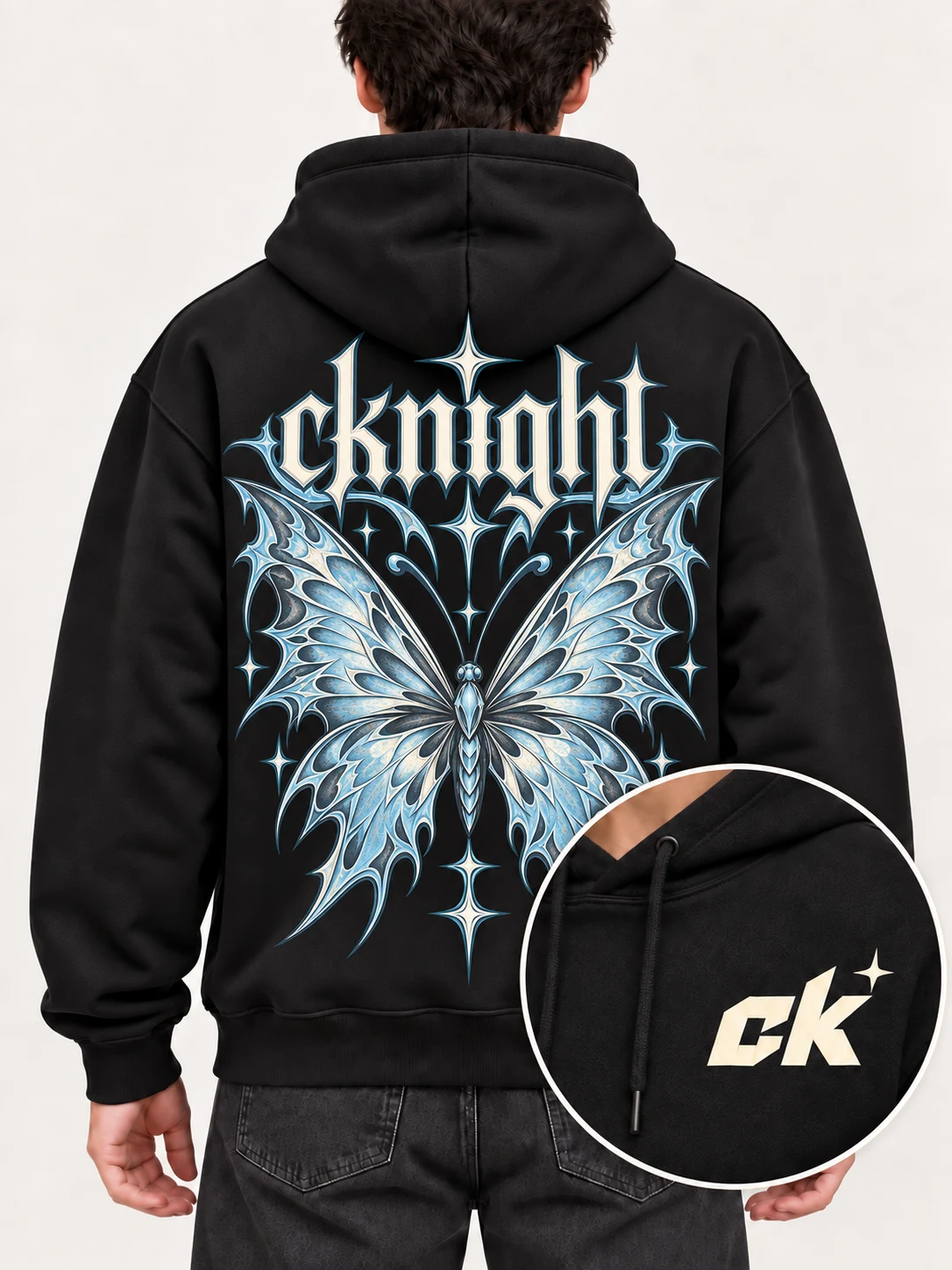 cknight Ice Blue Butterfly Graphic Black Cotton Pullover Hoodie, Long Sleeve Hooded Sweatshirt with Large Back Print