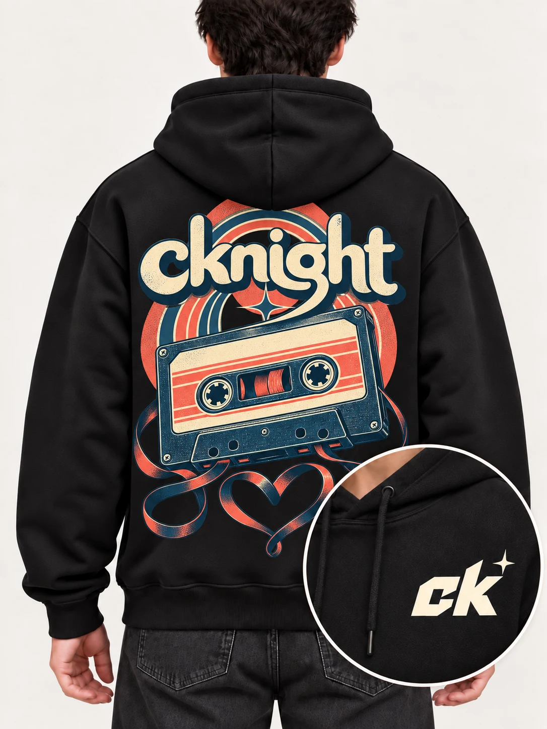cknight Retro Cassette Graphic Black Cotton Pullover Hoodie, Long Sleeve Hooded Sweatshirt with Large Back Print