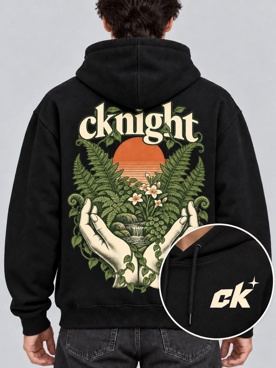cknight Offline Garden Graphic Black Cotton Pullover Hoodie, Long Sleeve Hooded Sweatshirt with Large Back Print