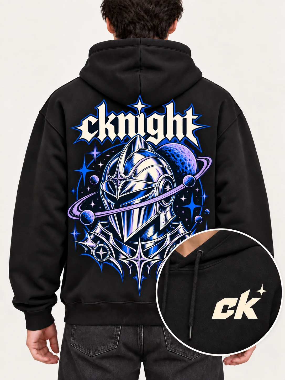 cknight Cosmic Knight Graphic Black Cotton Pullover Hoodie, Long Sleeve Hooded Sweatshirt with Large Back Print