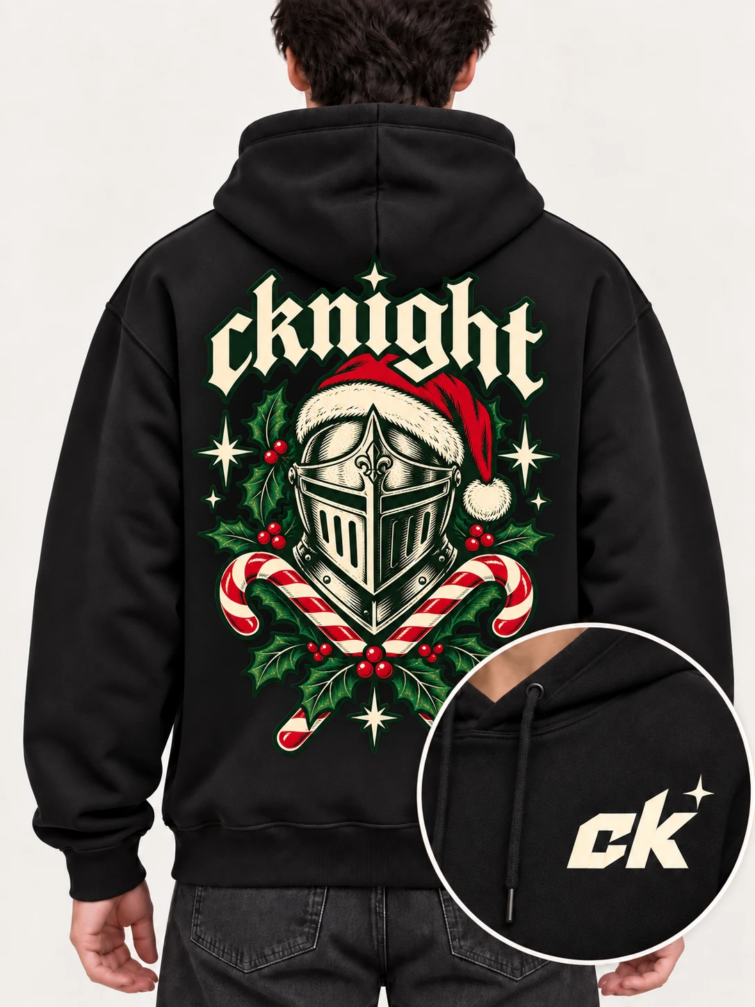 cknight Christmas Knight Graphic Black Cotton Pullover Hoodie, Long Sleeve Hooded Sweatshirt with Large Back Print