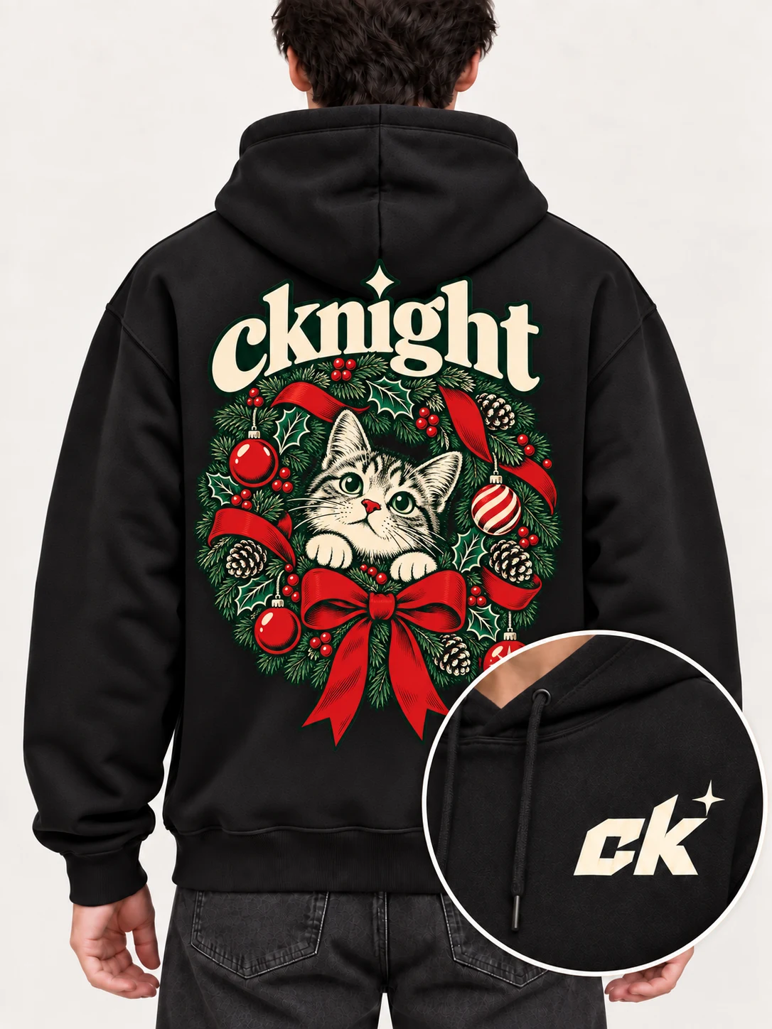 cknight Christmas Cat Graphic Black Cotton Pullover Hoodie, Long Sleeve Hooded Sweatshirt with Large Back Print