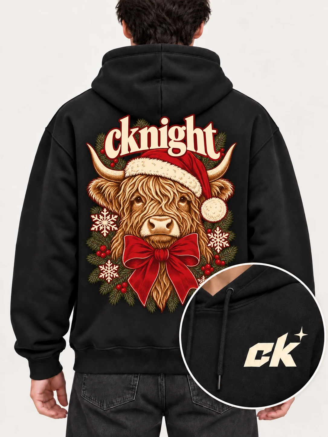 cknight Highland Cow Christmas Graphic Black Cotton Pullover Hoodie, Long Sleeve Hooded Sweatshirt with Large Back Print