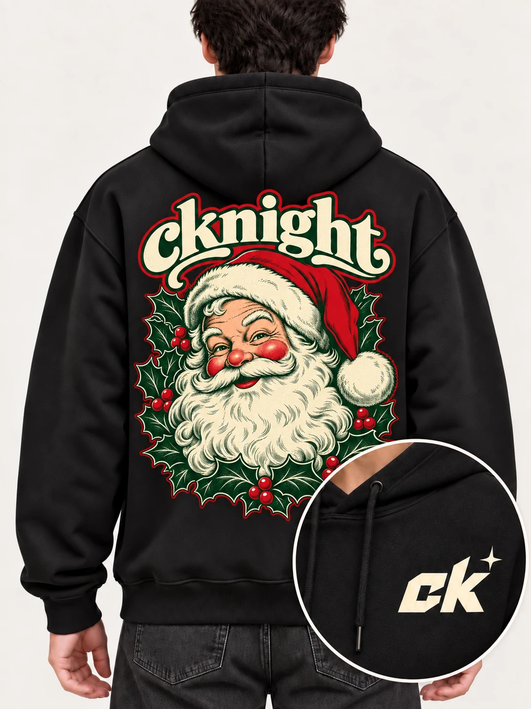cknight Vintage Santa Graphic Black Cotton Pullover Hoodie, Long Sleeve Hooded Sweatshirt with Large Back Print