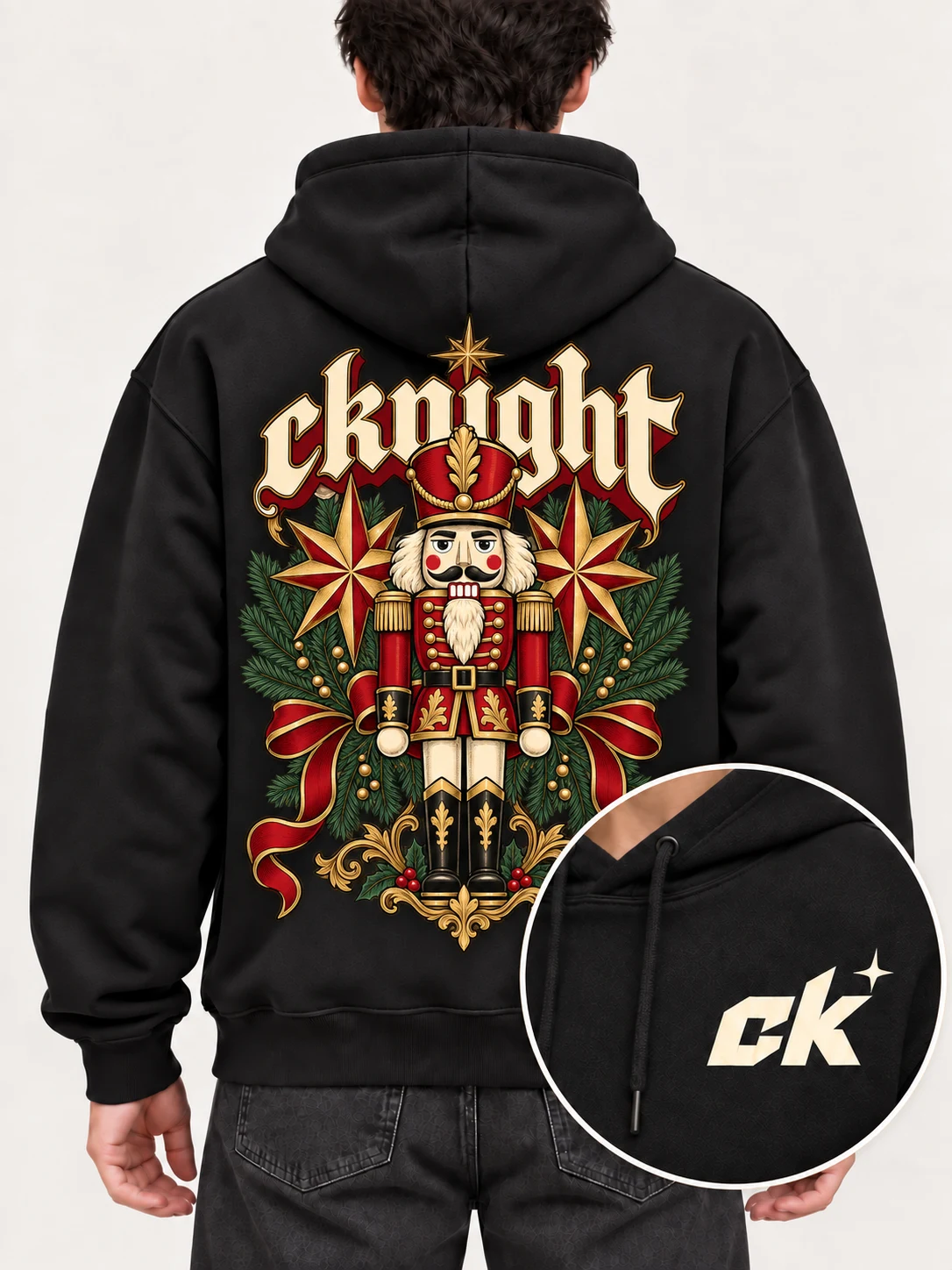 cknight Nutcracker Graphic Black Cotton Pullover Hoodie, Long Sleeve Hooded Sweatshirt with Large Back Print