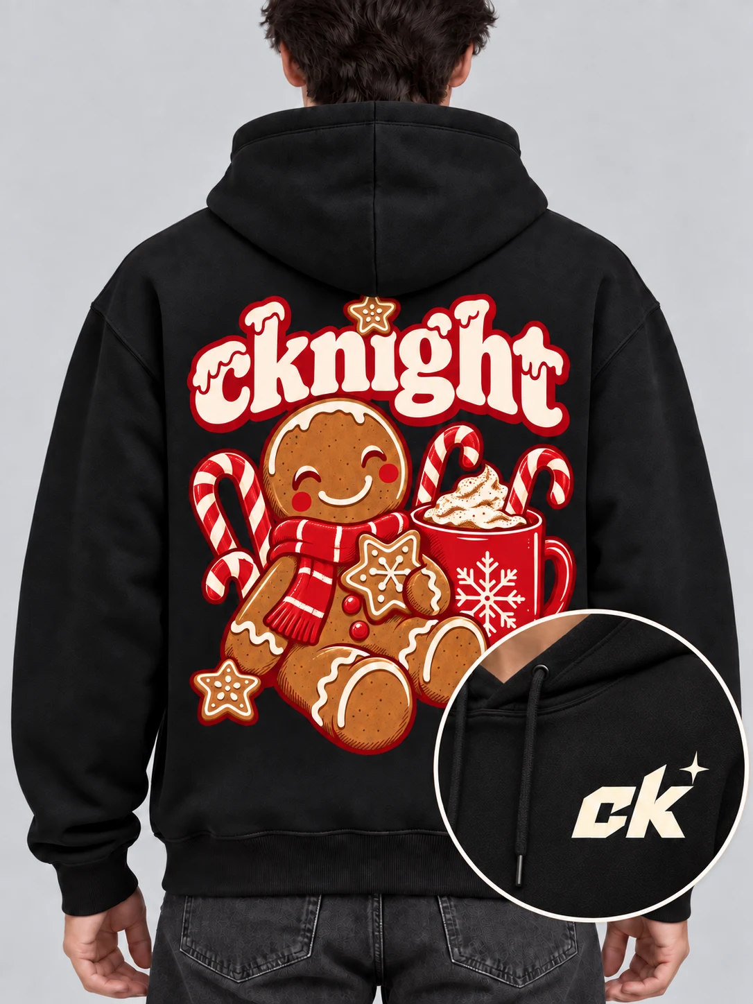 cknight Gingerbread Coffee Graphic Black Cotton Pullover Hoodie, Long Sleeve Hooded Sweatshirt with Large Back Print