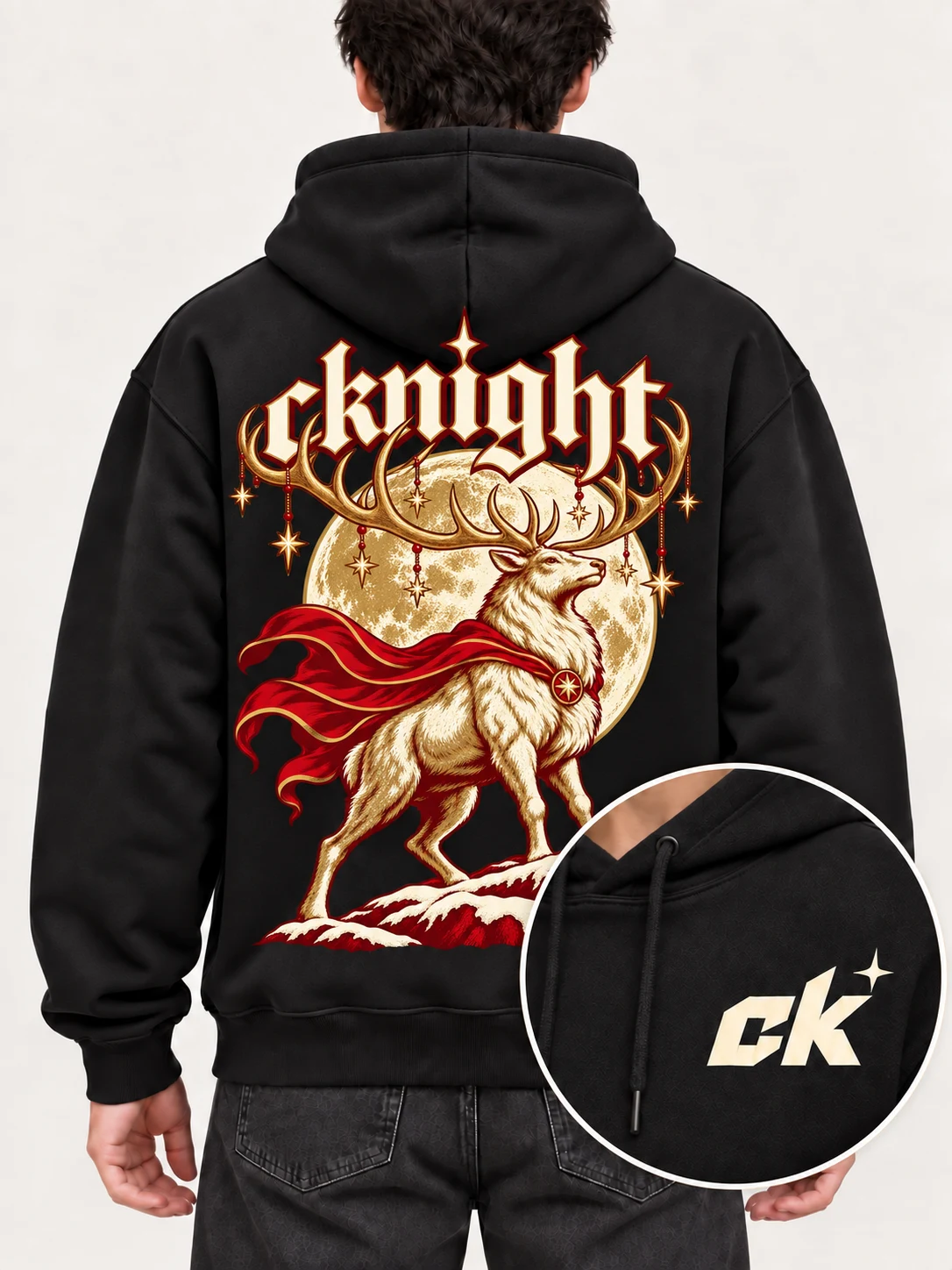 cknight Reindeer Stars Graphic Black Cotton Pullover Hoodie, Long Sleeve Hooded Sweatshirt with Large Back Print