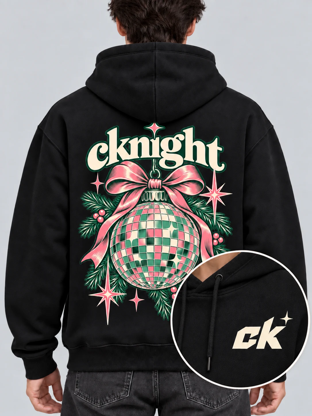 cknight Christmas Disco Graphic Black Cotton Pullover Hoodie, Long Sleeve Hooded Sweatshirt with Large Back Print