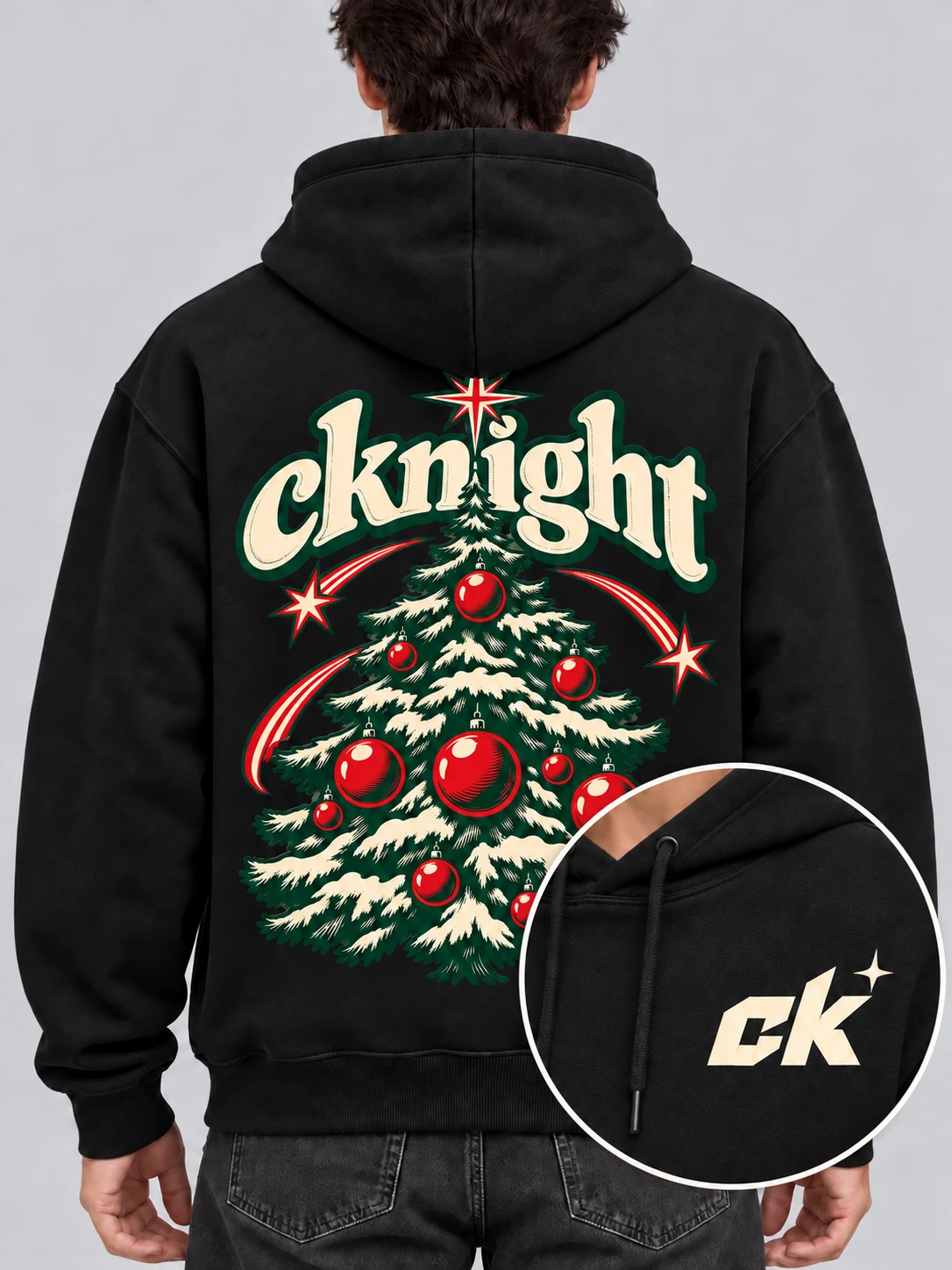 cknight Retro Christmas Tree Graphic Black Cotton Pullover Hoodie, Long Sleeve Hooded Sweatshirt with Large Back Print