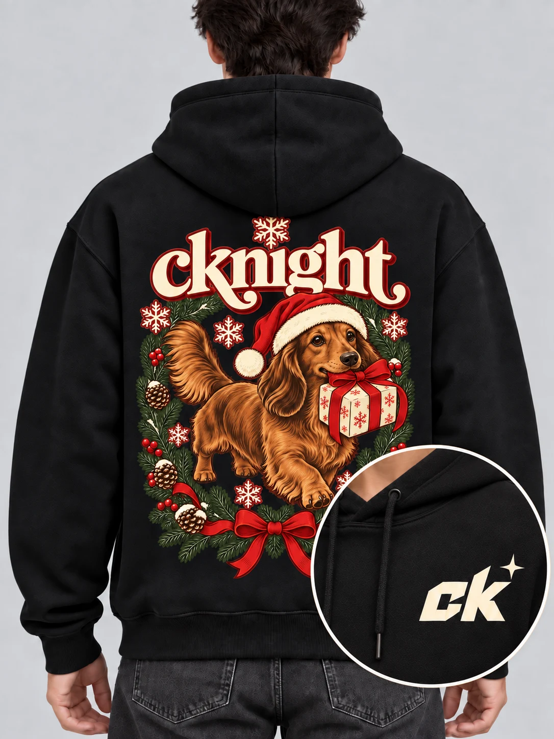 cknight Dachshund Christmas Graphic Black Cotton Pullover Hoodie, Long Sleeve Hooded Sweatshirt with Large Back Print