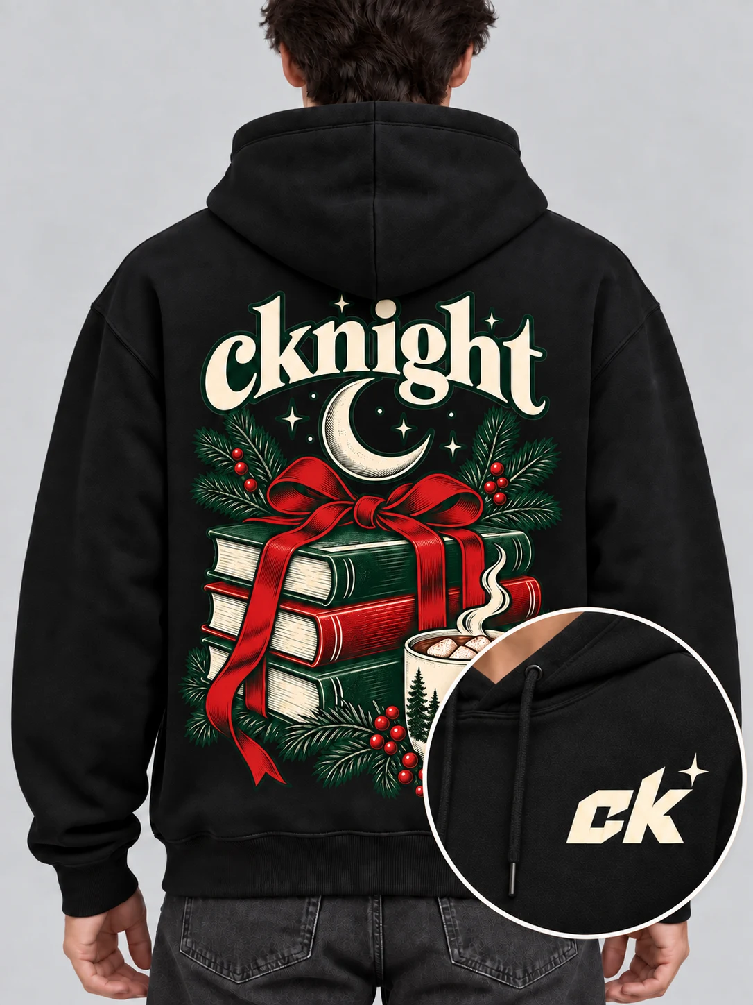 cknight Christmas Reading Graphic Black Cotton Pullover Hoodie, Long Sleeve Hooded Sweatshirt with Large Back Print