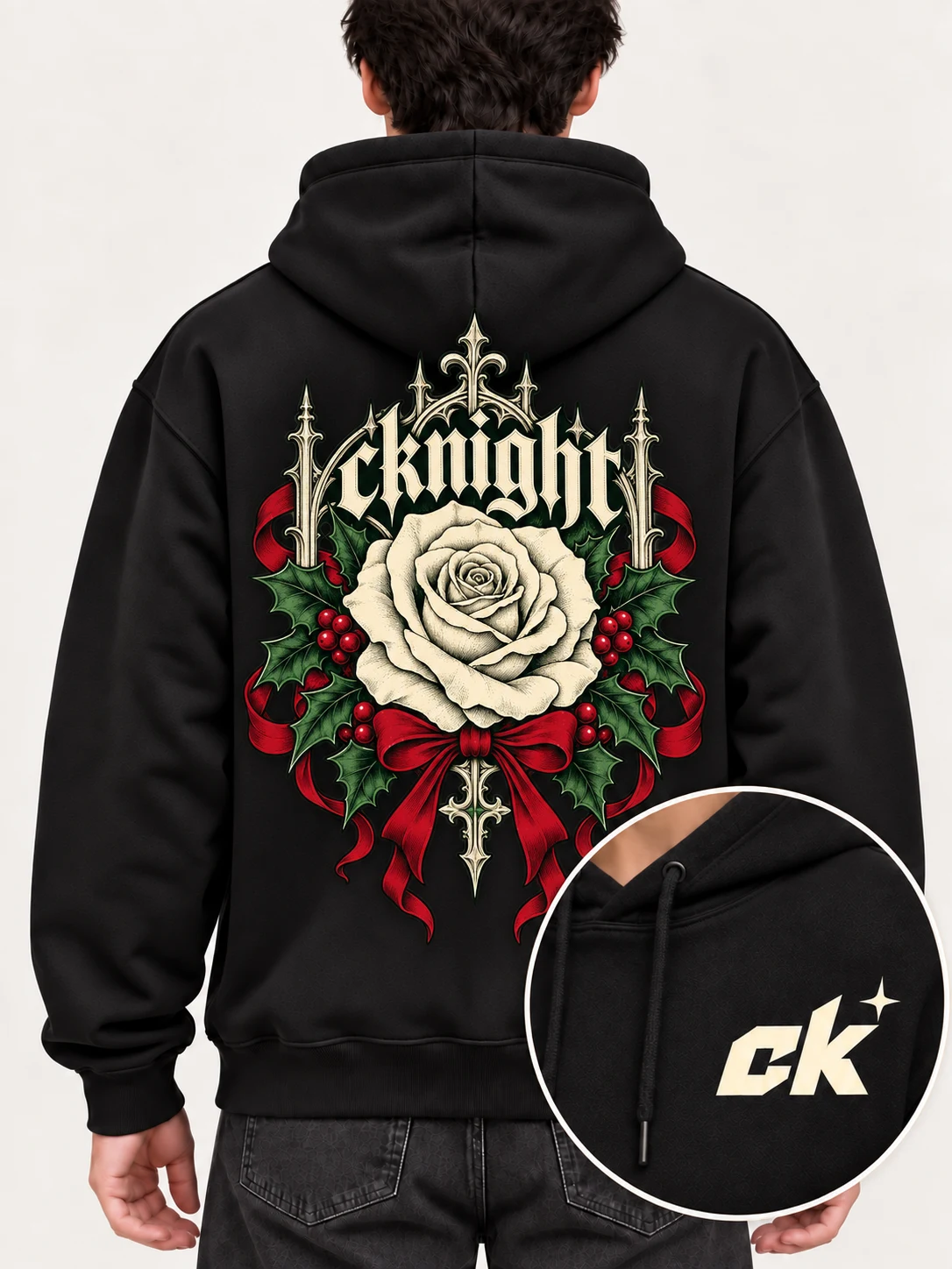 cknight Gothic Christmas Rose Graphic Black Cotton Pullover Hoodie, Long Sleeve Hooded Sweatshirt with Large Back Print