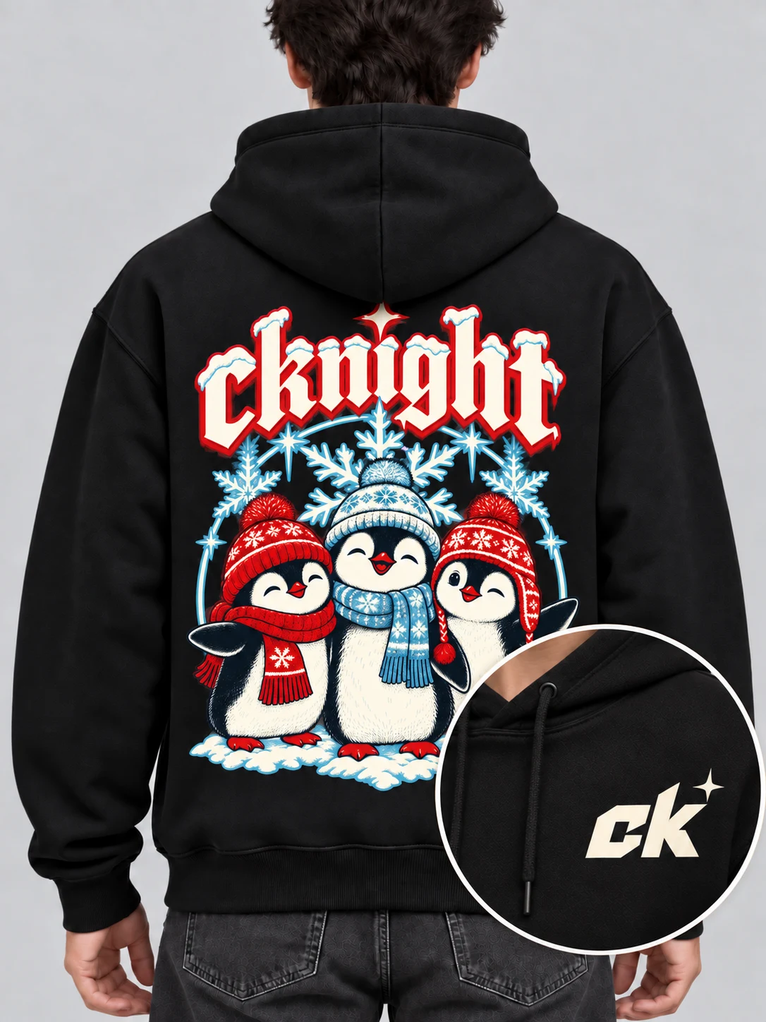 cknight Christmas Penguin Graphic Black Cotton Pullover Hoodie, Long Sleeve Hooded Sweatshirt with Large Back Print