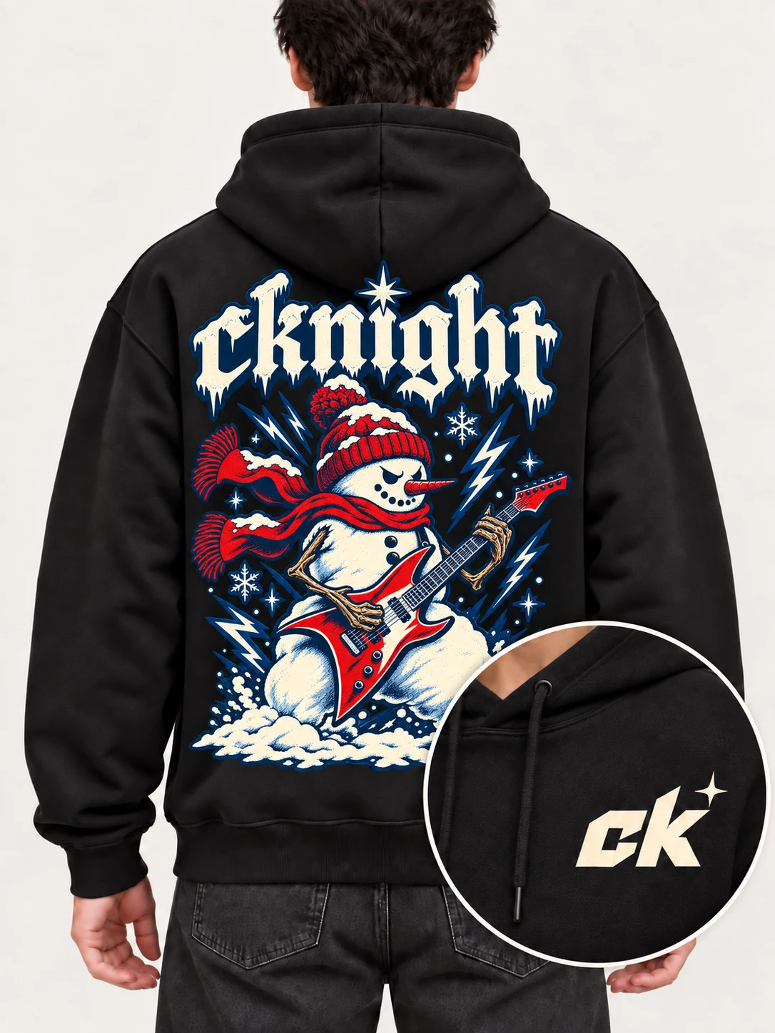 cknight Snowman Guitar Graphic Black Cotton Pullover Hoodie, Long Sleeve Hooded Sweatshirt with Large Back Print