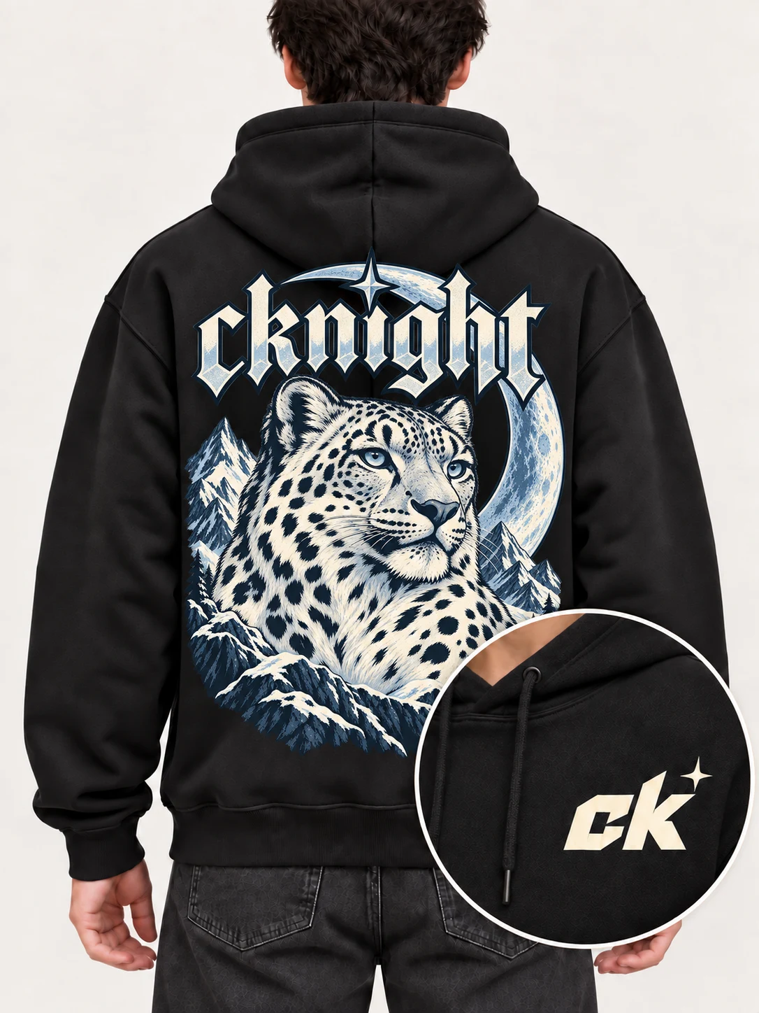 cknight Snow Leopard Moon Graphic Black Cotton Pullover Hoodie, Long Sleeve Hooded Sweatshirt with Large Back Print