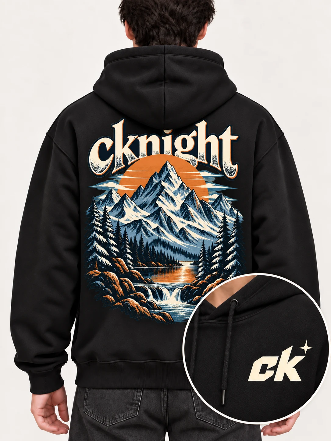 cknight Alpine Mountain Graphic Black Cotton Pullover Hoodie, Long Sleeve Hooded Sweatshirt with Large Back Print