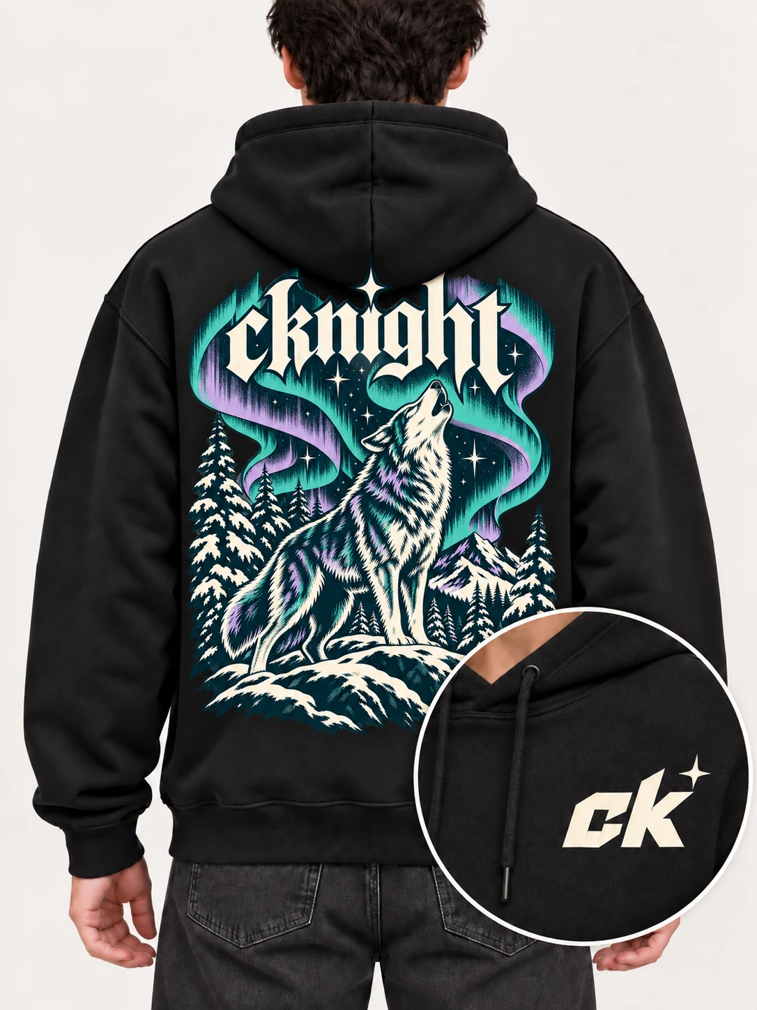 cknight Aurora Wolf Graphic Black Cotton Pullover Hoodie, Long Sleeve Hooded Sweatshirt with Large Back Print