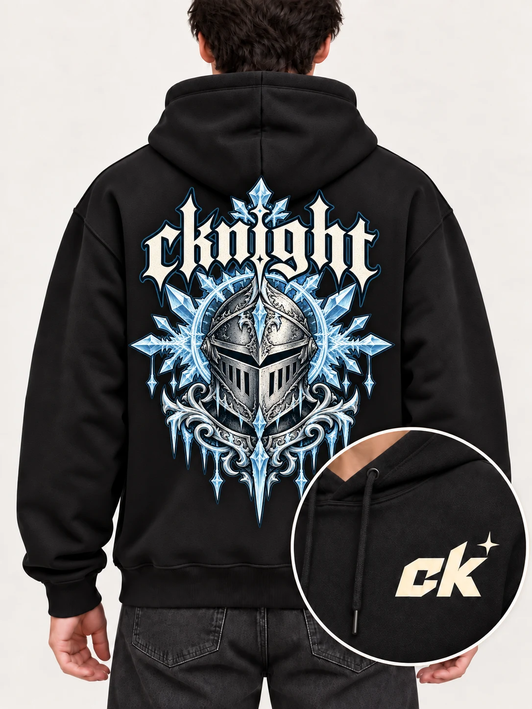 cknight Frost Knight Graphic Black Cotton Pullover Hoodie, Long Sleeve Hooded Sweatshirt with Large Back Print