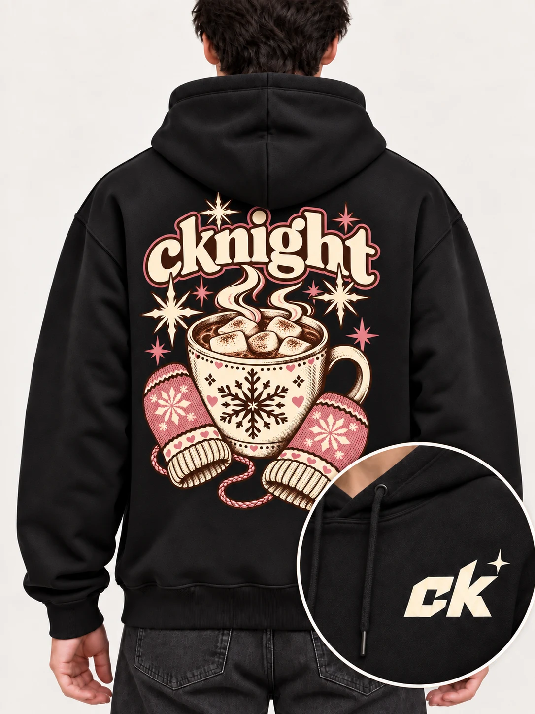 cknight Winter Cocoa Graphic Black Cotton Pullover Hoodie, Long Sleeve Hooded Sweatshirt with Large Back Print