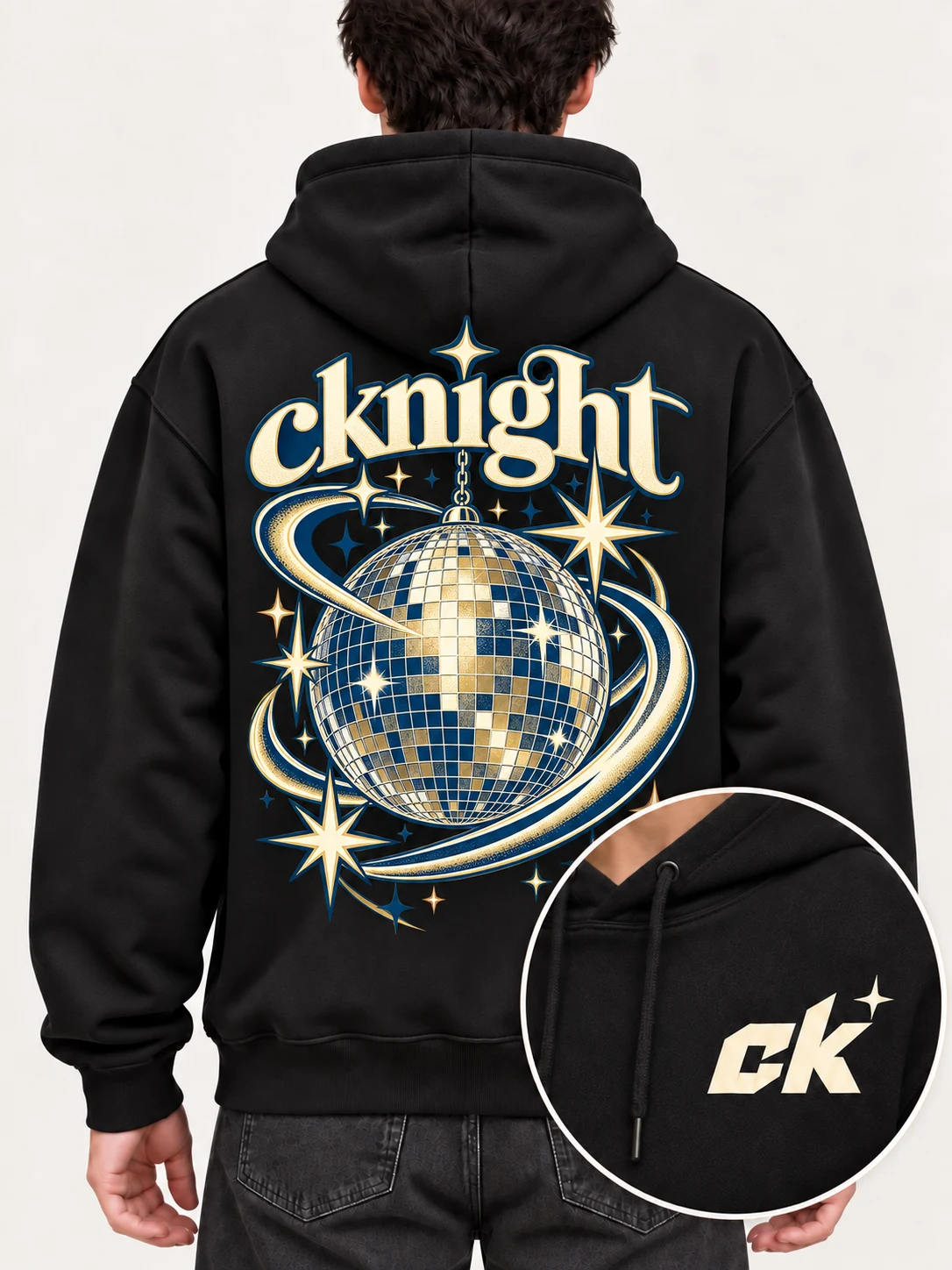 cknight Midnight Disco Graphic Black Cotton Pullover Hoodie, Long Sleeve Hooded Sweatshirt with Large Back Print