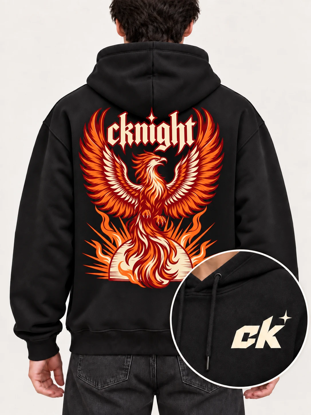 cknight Phoenix Rising Graphic Black Cotton Pullover Hoodie, Long Sleeve Hooded Sweatshirt with Large Back Print