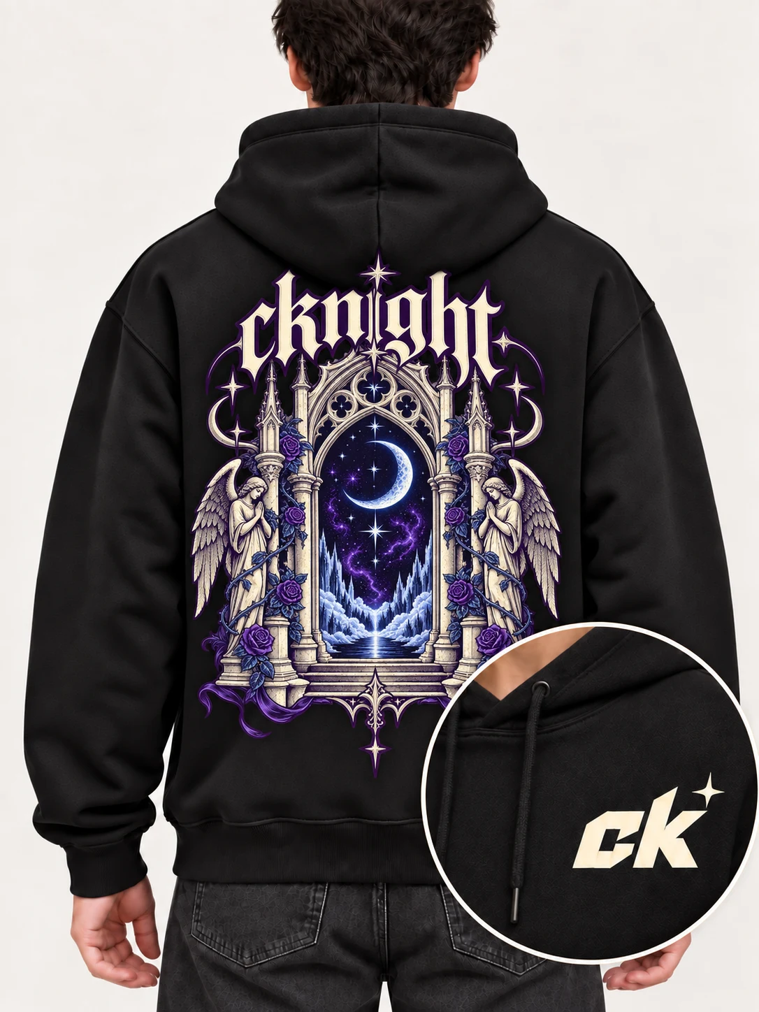 cknight Starlight Portal Graphic Black Cotton Pullover Hoodie, Long Sleeve Hooded Sweatshirt with Large Back Print
