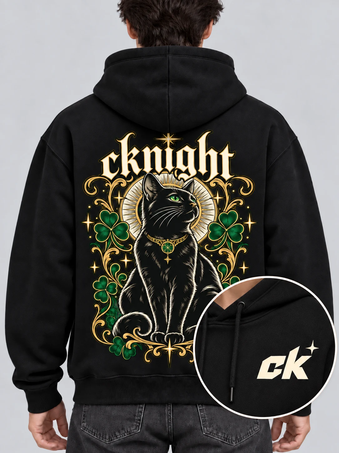 cknight Lucky Black Cat Graphic Black Cotton Pullover Hoodie, Long Sleeve Hooded Sweatshirt with Large Back Print