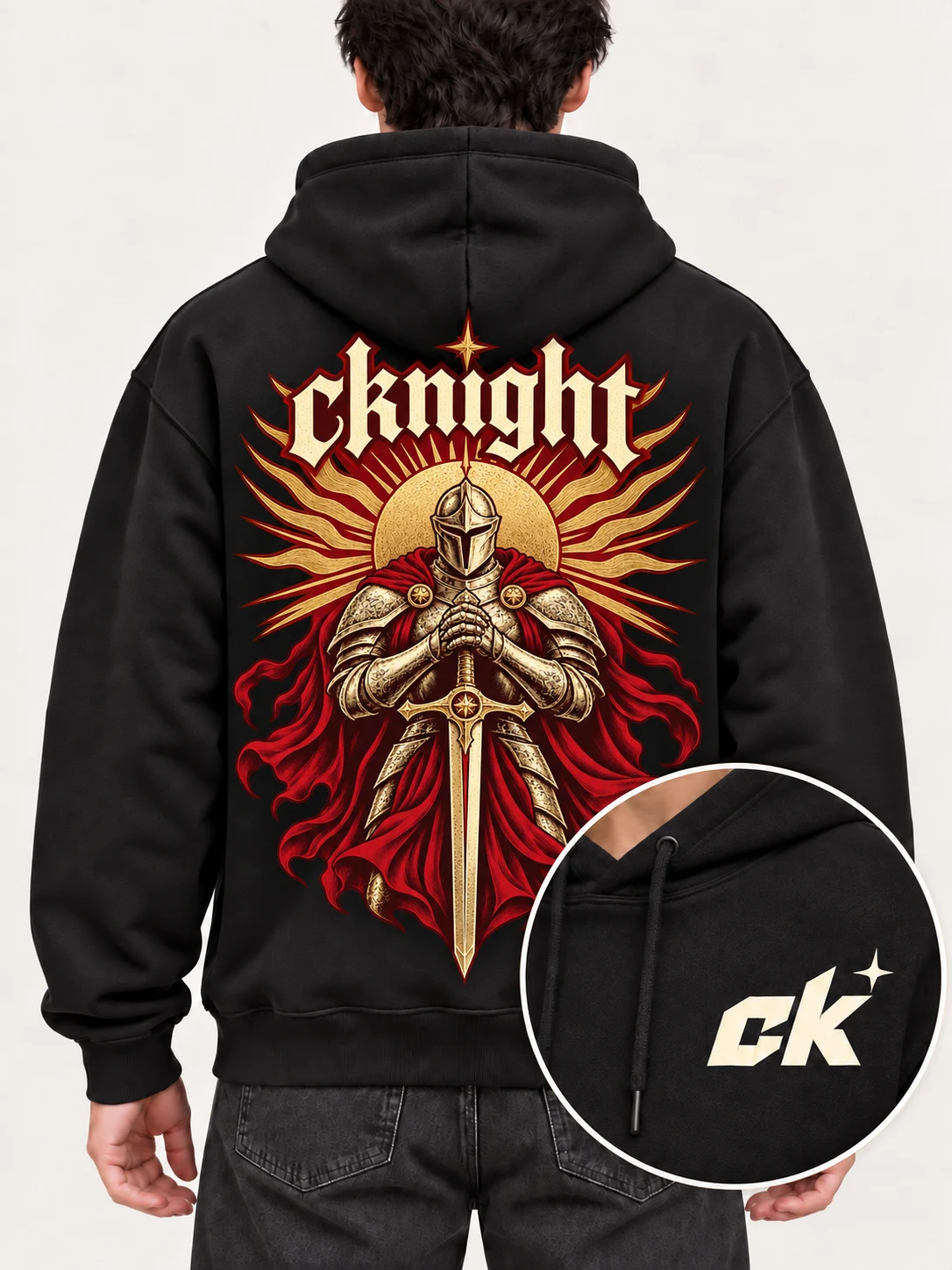 cknight Knight Dawn Graphic Black Cotton Pullover Hoodie, Long Sleeve Hooded Sweatshirt with Large Back Print